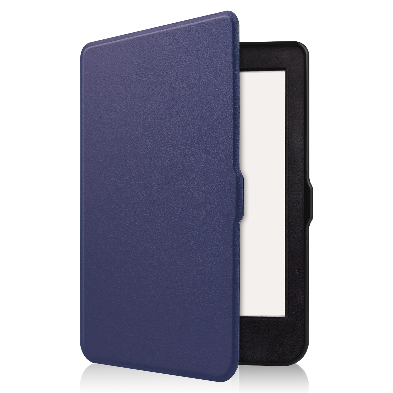 E-Reader in einer dunkelblauen Hülle. Die Hülle ist geöffnet und gibt den Bildschirm frei.