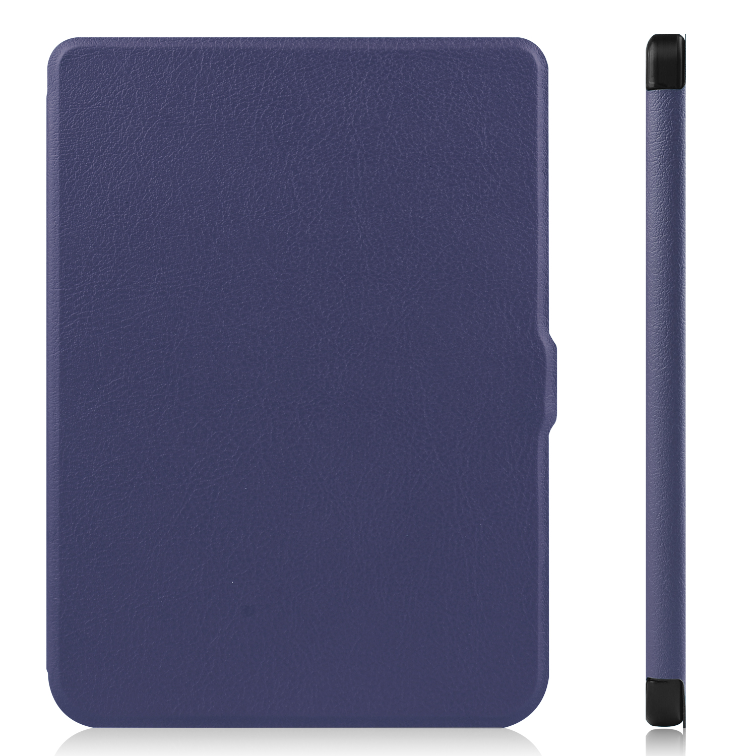Dunkelblaue Tablet-Hülle. Die Hülle wird von vorne und von der Seite gezeigt, um ihre Form zu zeigen.