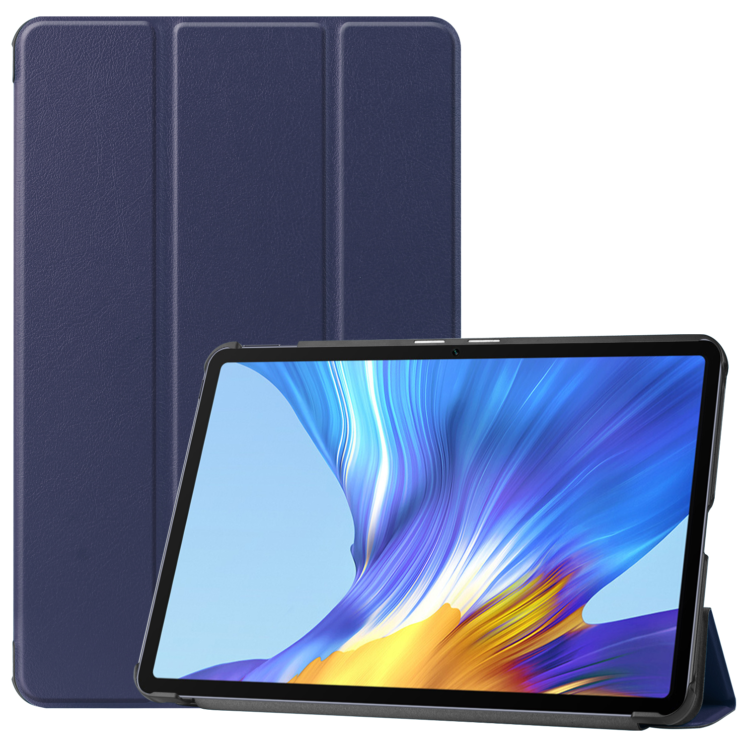 Dunkelblaue Tablethülle mit Tablet im Inneren. Weißer Hintergrund. Die Hülle ist geschlossen.