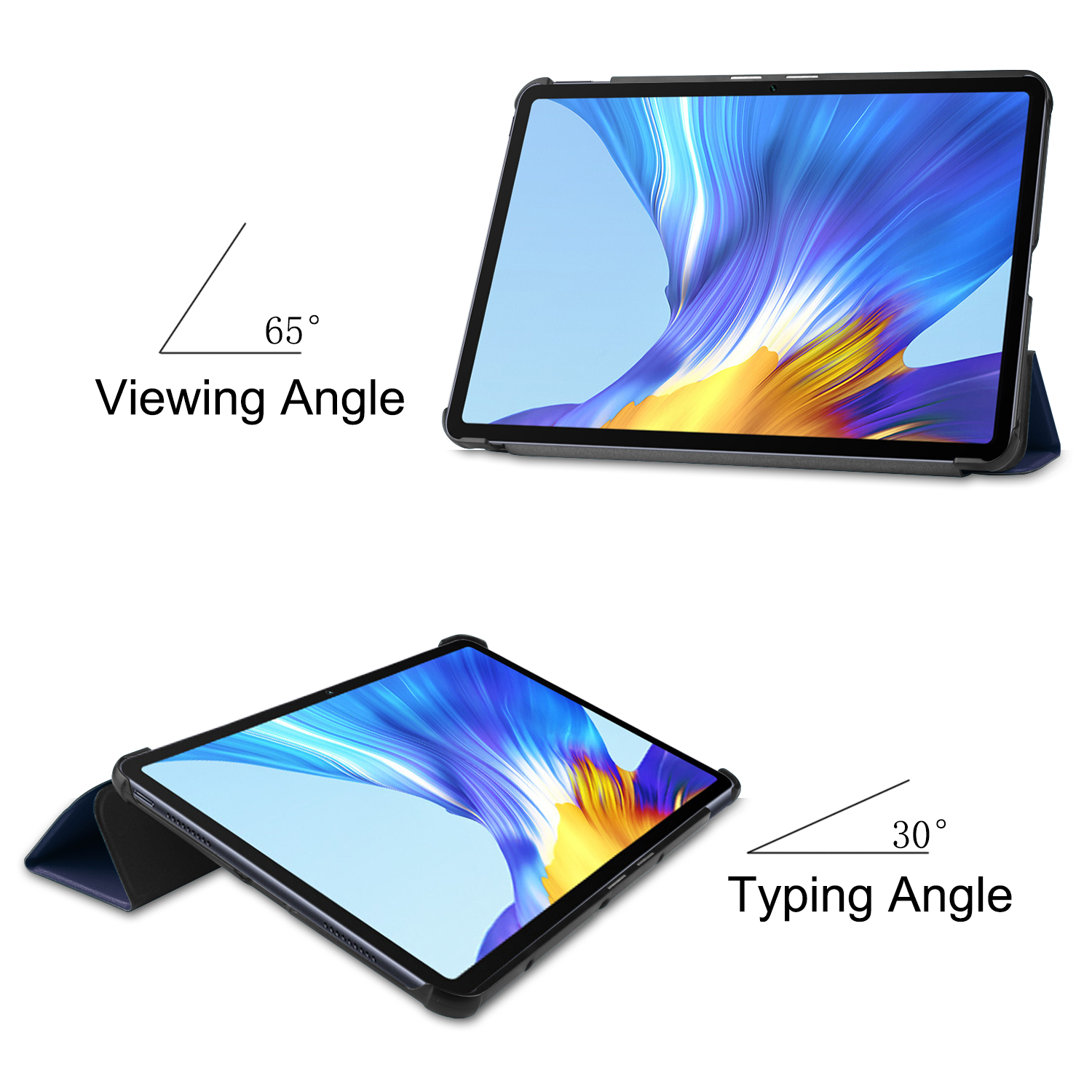 Zwei Tablets in Hüllen, die Betrachtungs- und Tippwinkel mit Winkelmessungen zeigen.