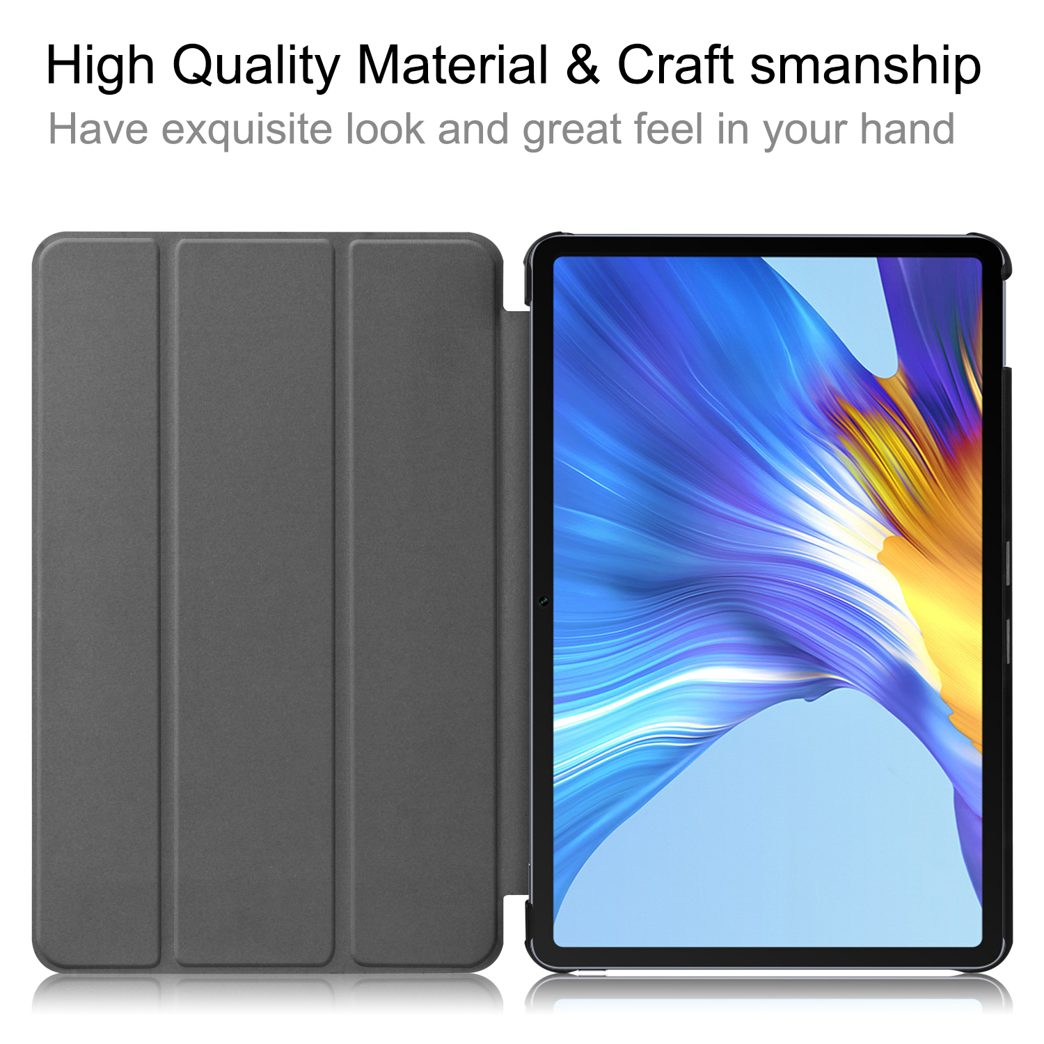 Tablet-Hülle, zeigt die offene und geschlossene Ansicht. Text: Hochwertiges Material.