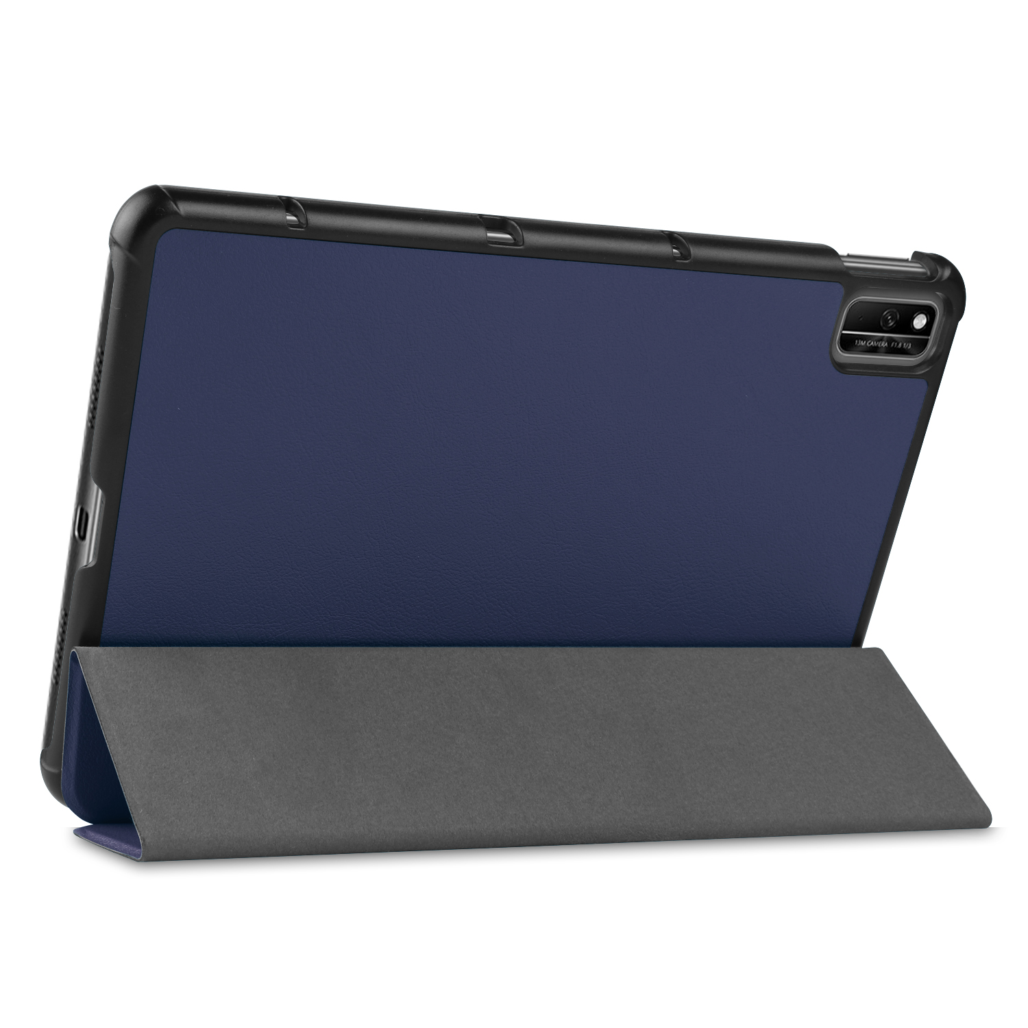 Marineblaue Tablet-Hülle, Rückansicht. Graue Abdeckung gefaltet. Schwarzer Rahmen und Kamera. Mattes Finish.