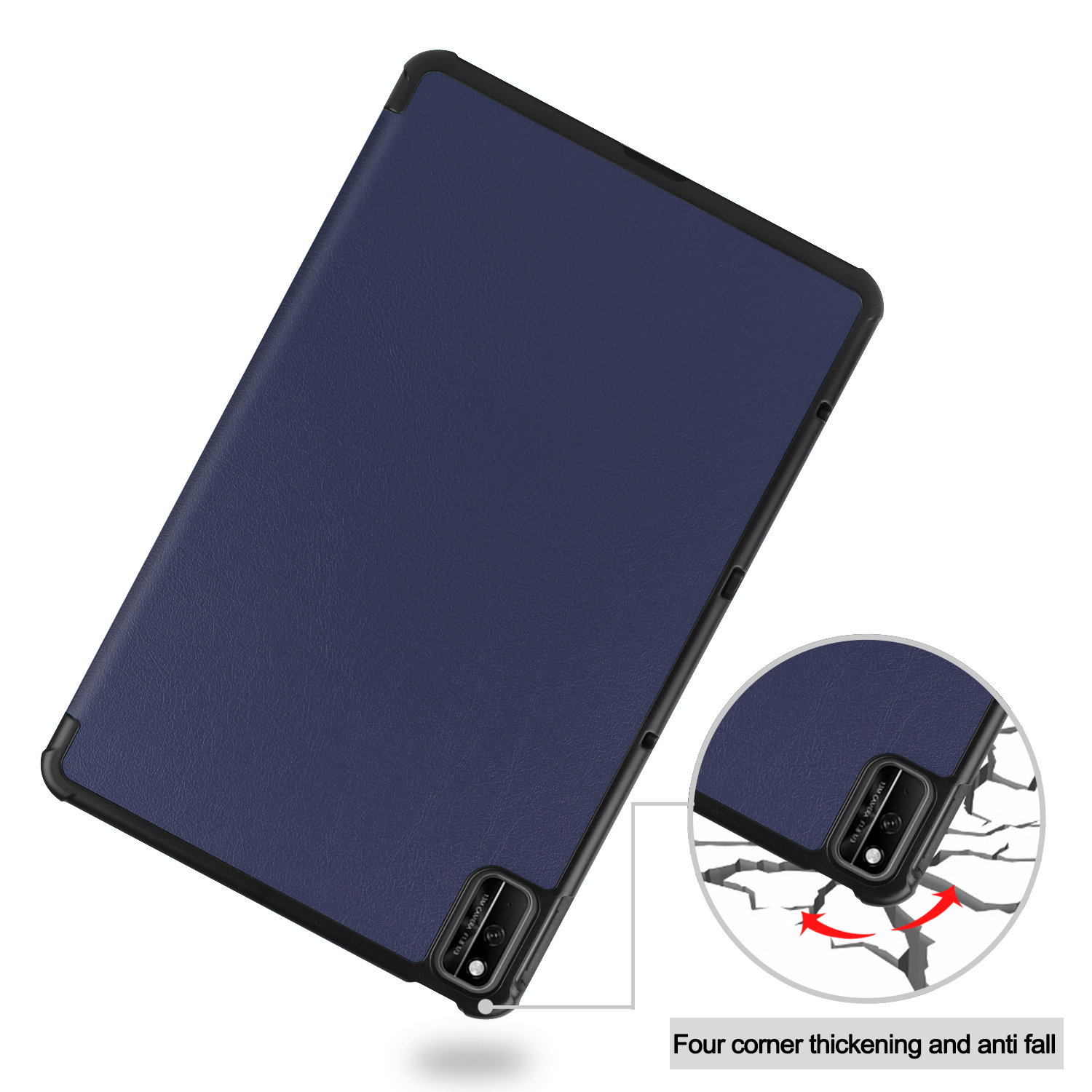 Eine marineblaue Tablethülle mit schwarzem Rahmen und Diagramm zum Fallschutz.