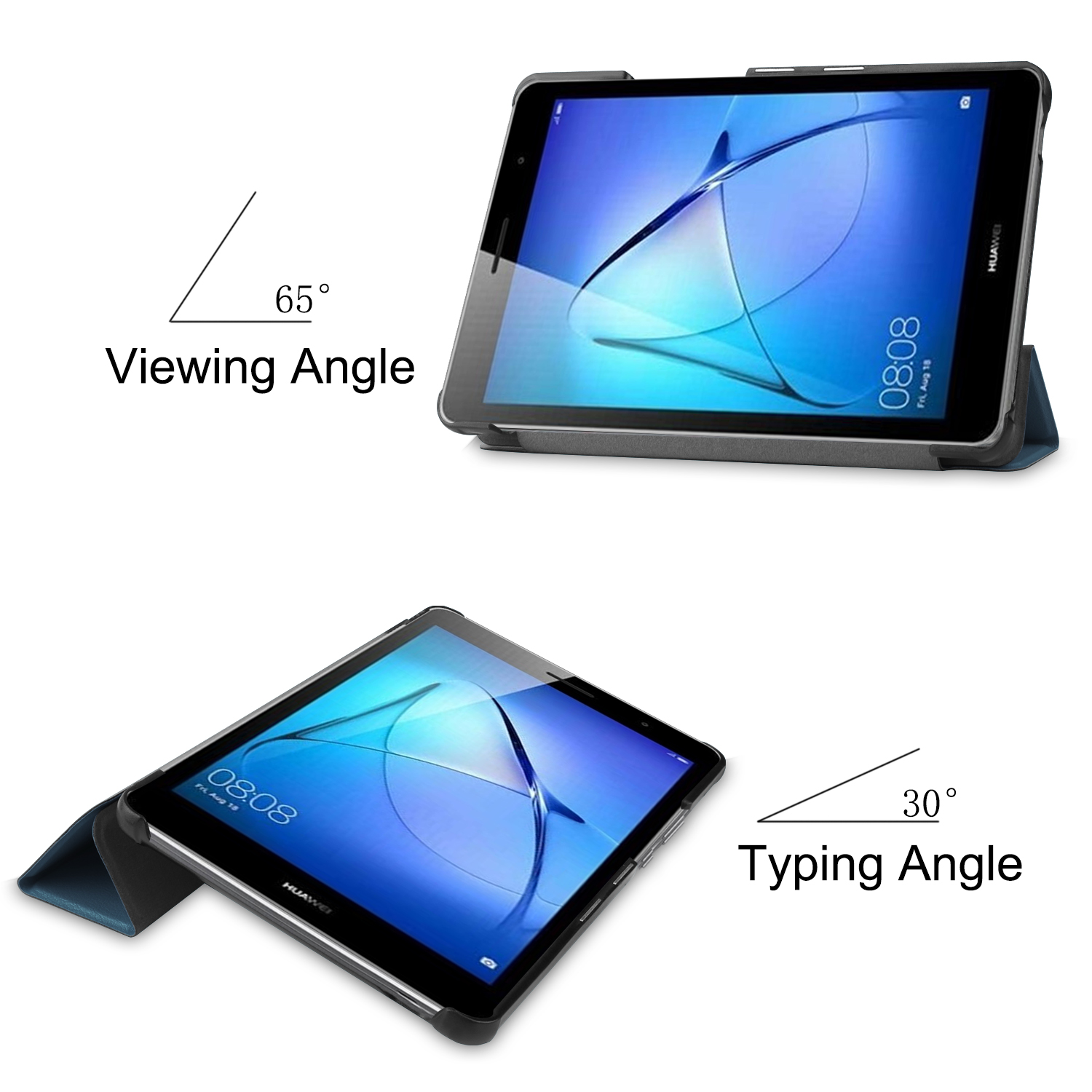 Zwei Tablets in Schutzhüllen, eines mit 65° Betrachtungswinkel und eines mit 30° Schreibwinkel.