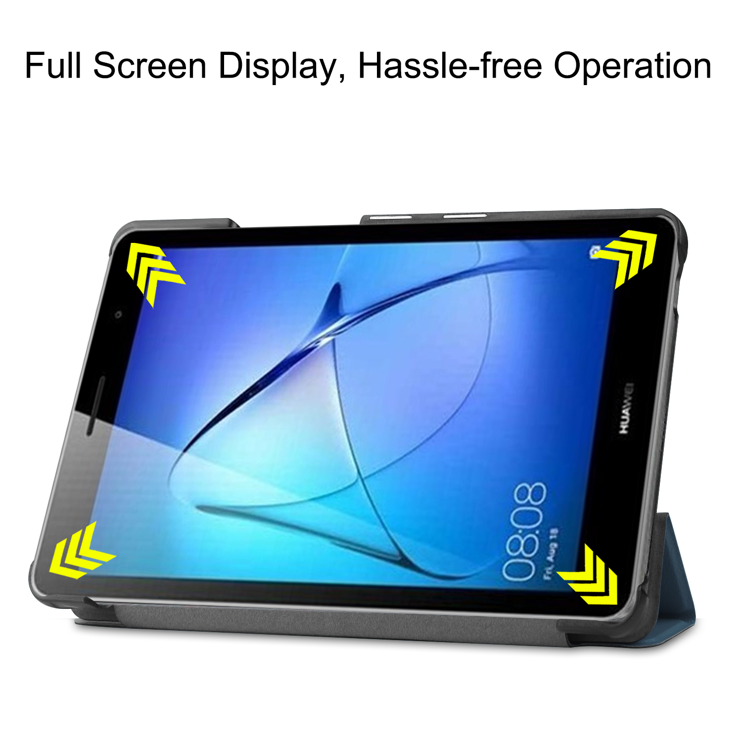 Tablet in dunkler Hülle, Bildschirm und gelbe Eckanzeigen zeigend.