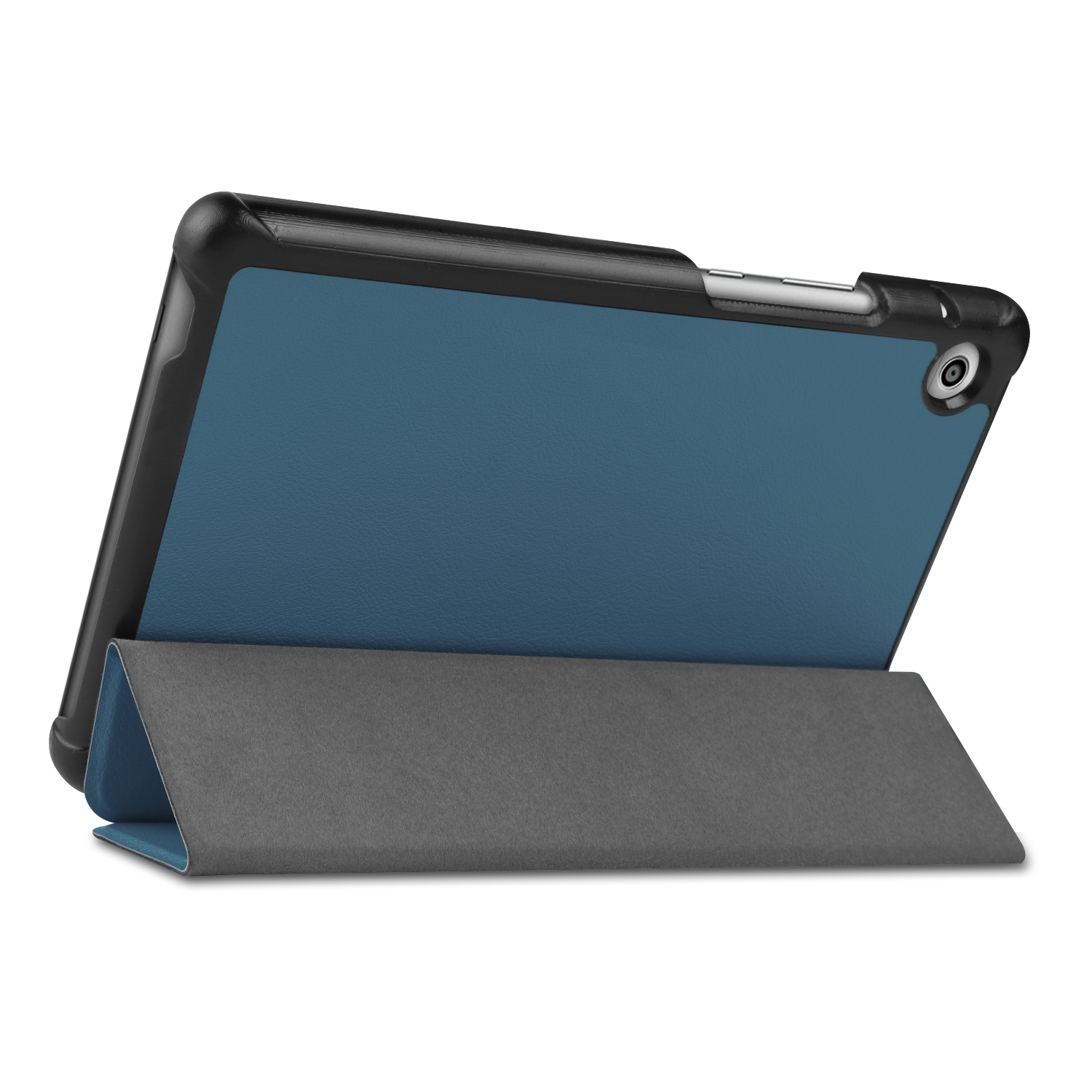 Tablet-Hülle mit Blau und Grau. Schwarz-graue Hülle. Weißer Hintergrund.