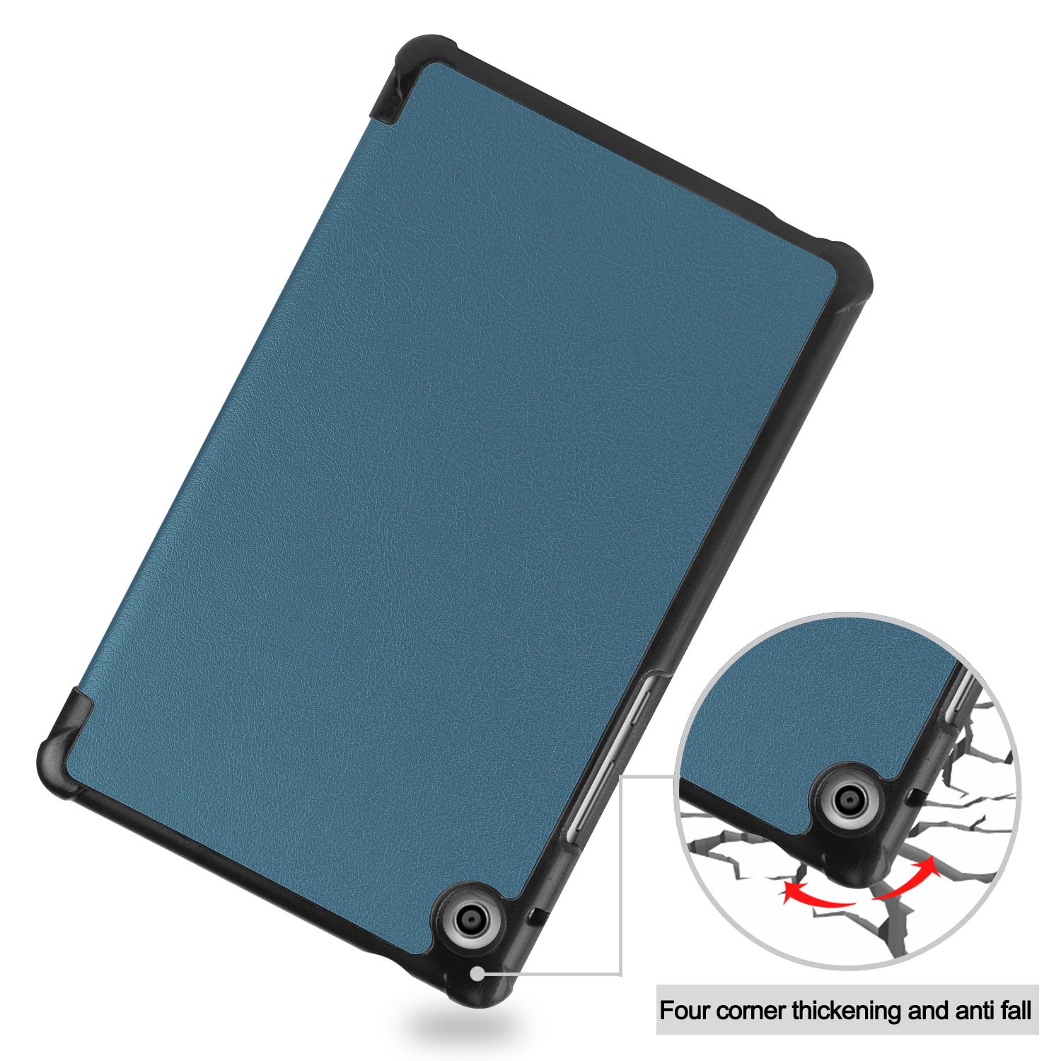 Blaues Tablet-Case, schwarzer Rahmen. Detail zeigt Eckenschutz.