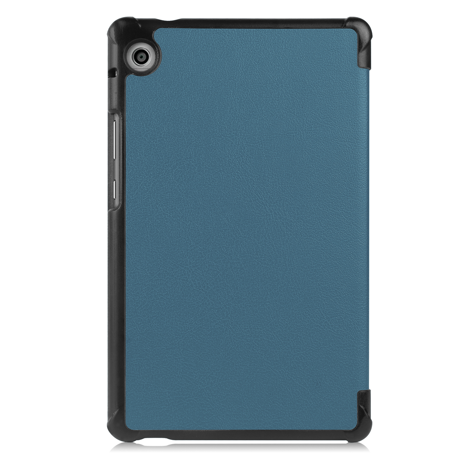 Blaues Tablet in schwarzem Gehäuse. Kameraobjektiv sichtbar. Weißer Hintergrund.