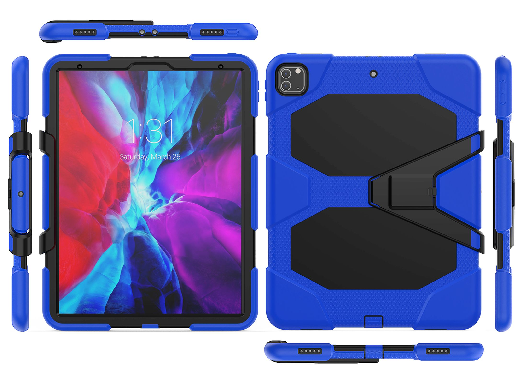 Blaue Schutzhülle für ein Tablet. Sie hat einen schwarzen Bereich und einen Ständer, mit Seiten- und Draufsicht.