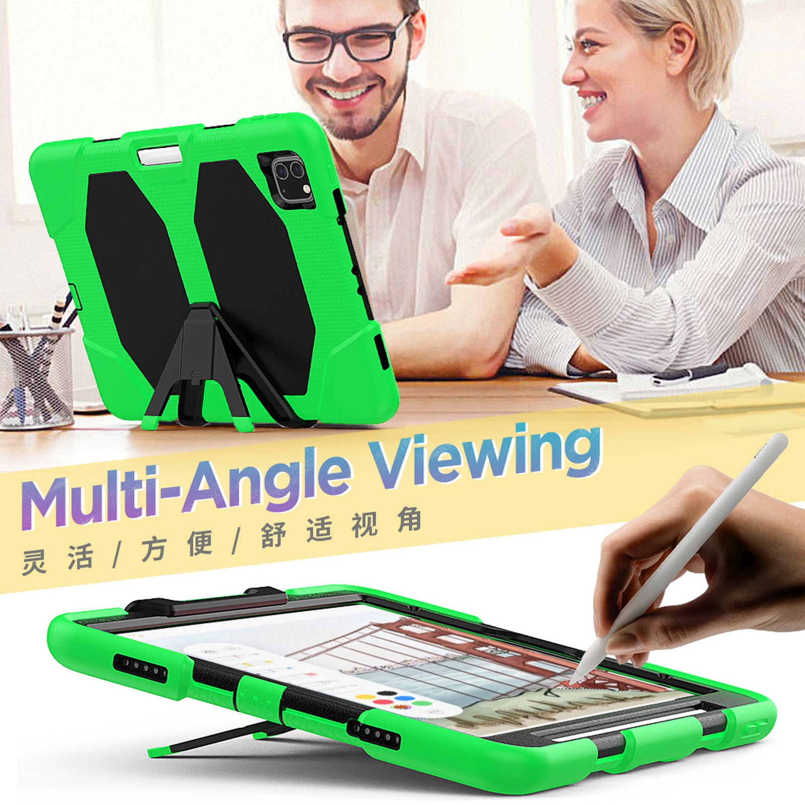 Tablet in grüner Hülle, von Person genutzt, mit Multi-Winkel-Option.