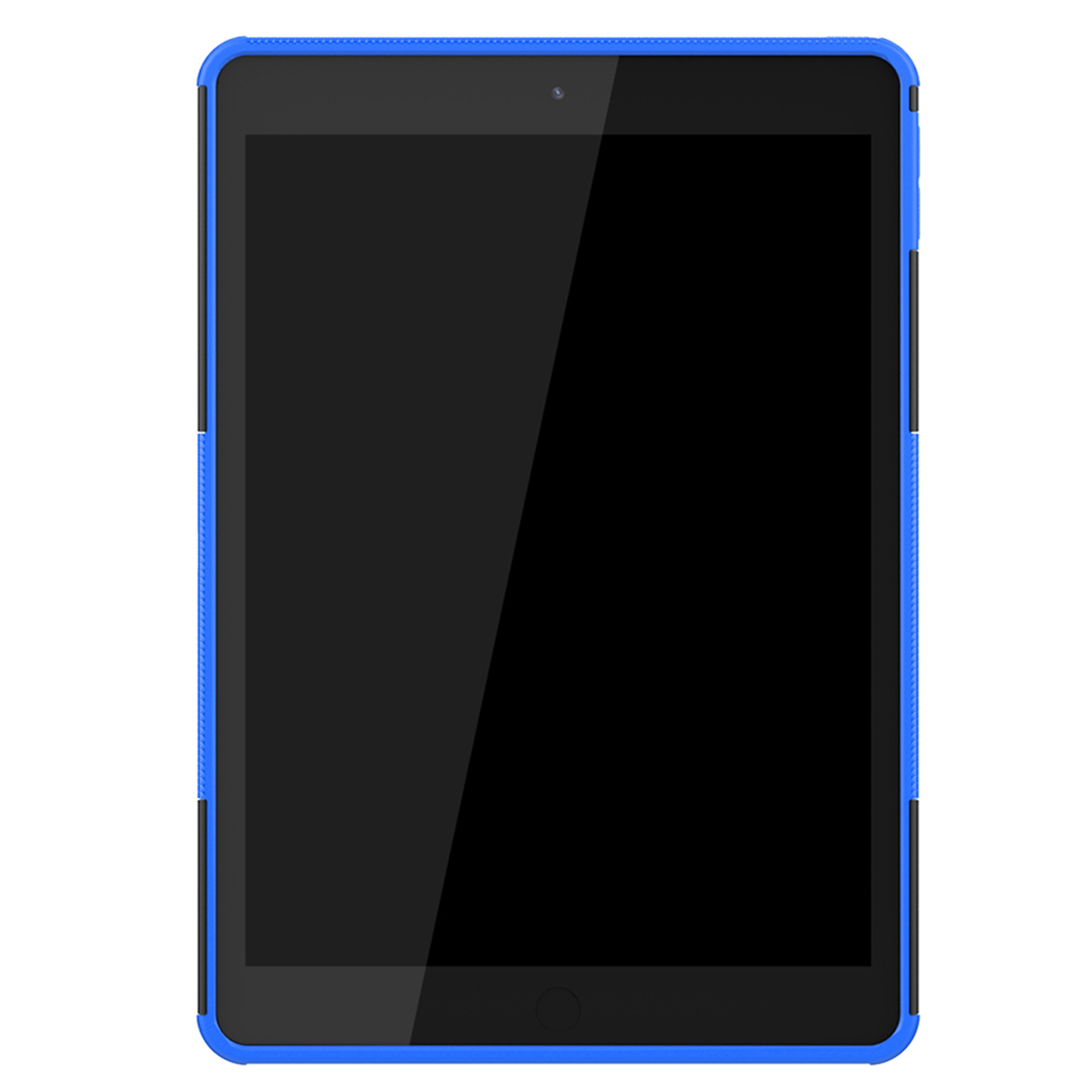 Eine blau-schwarze Tablethülle, wobei das Tablet einen schwarzen Bildschirm zeigt. Die Hülle hat blaue Ränder.