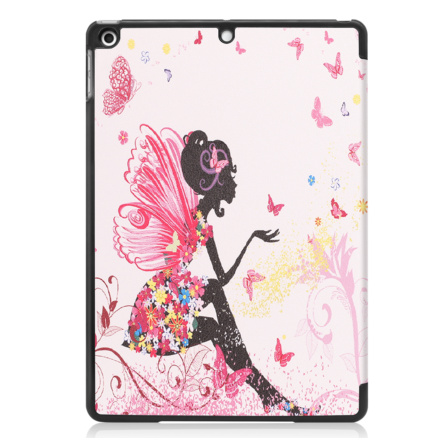 Tablethülle mit Feendesign. Eine Feensilhouette mit rosa Schmetterlingen und Blumen.