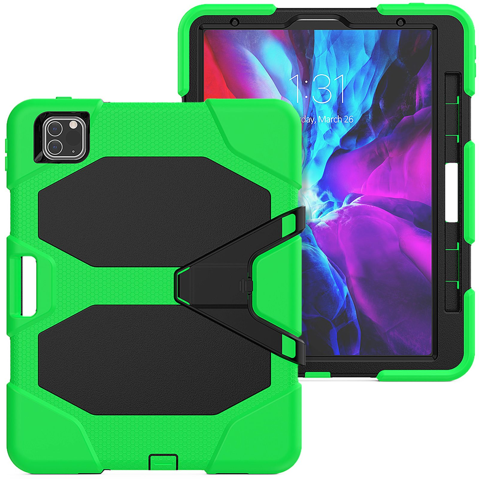 Grüne und schwarze Tablet-Hülle. Kamera und Tasten sind sichtbar. Das Display zeigt ein lila und rosa Bild.
