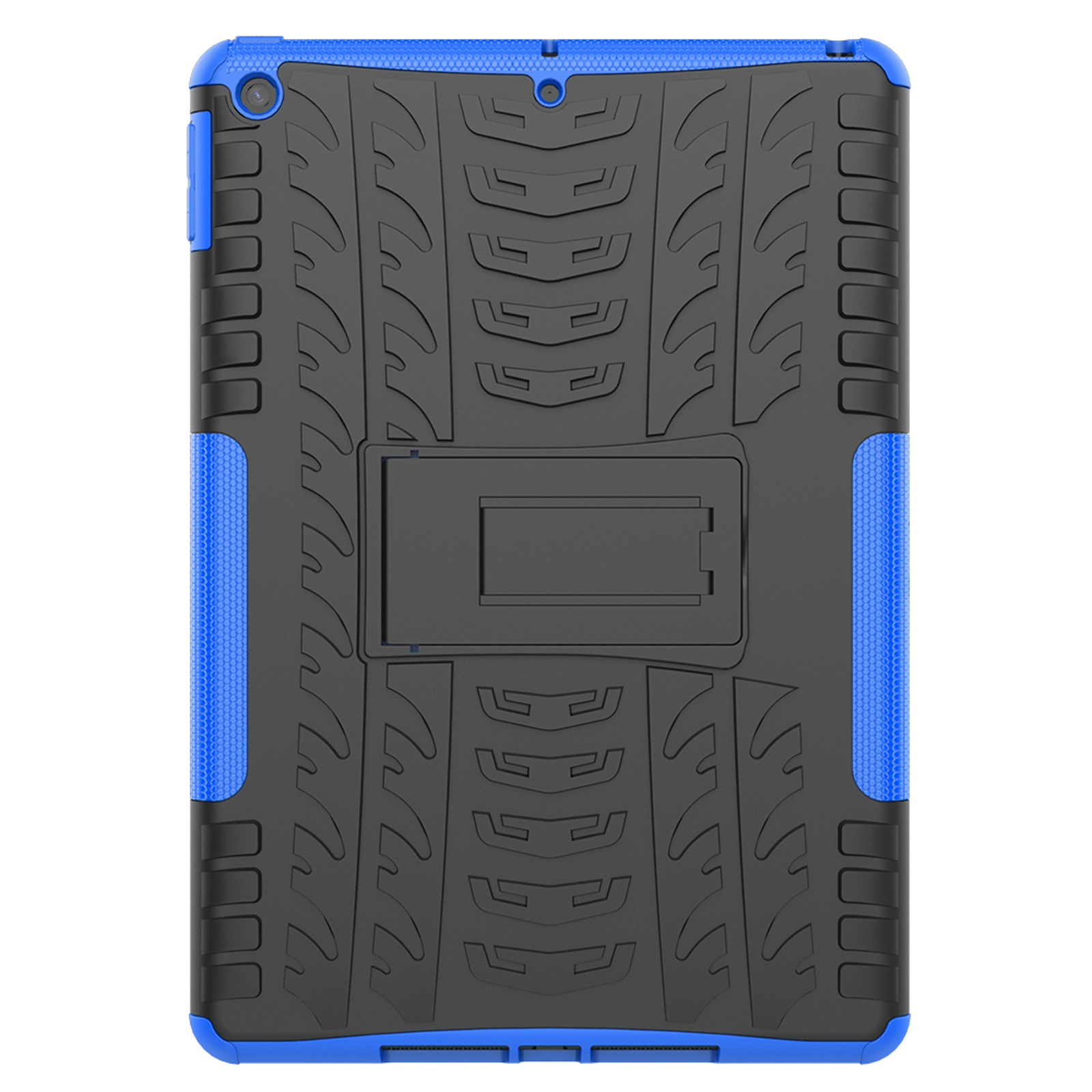 Schwarze und blaue Tablethülle mit Ständer. Die Hülle hat ein strukturiertes Design. Weißer Hintergrund.