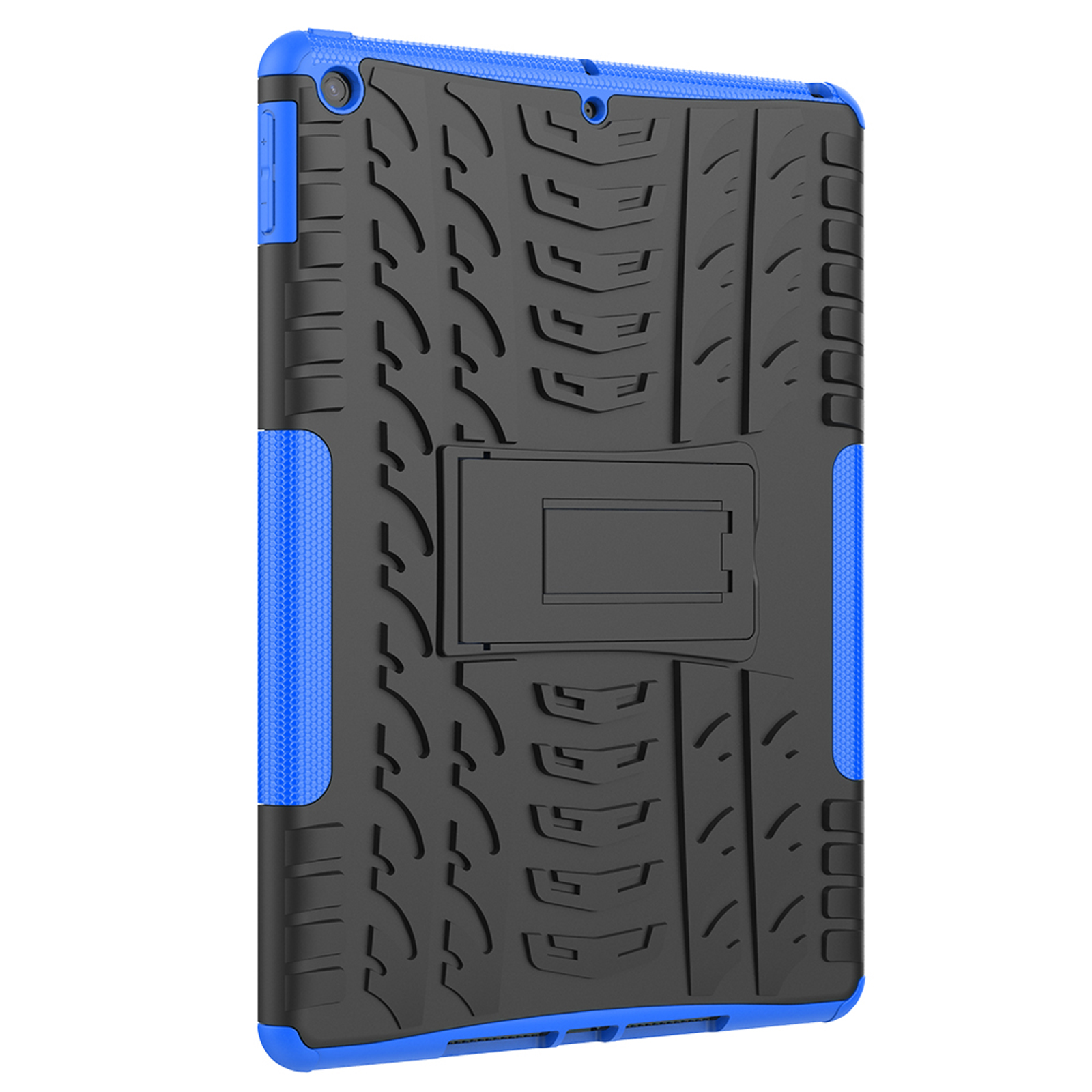Schwarze und blaue Tablethülle mit Reifenprofil-Design und Ständer.