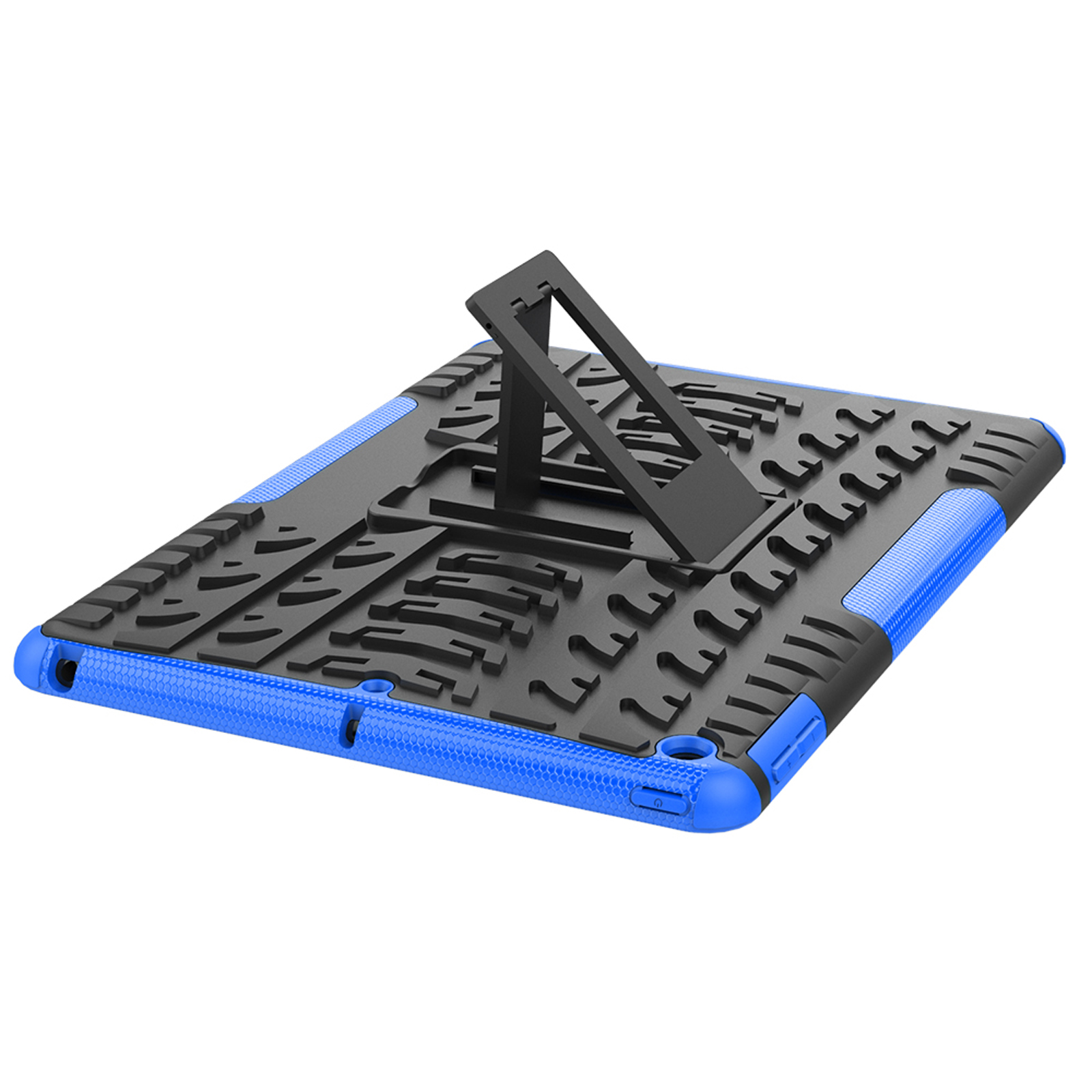 Schützende Tablethülle, blau und schwarz, mit Ständer. Das Tablet ist robust.