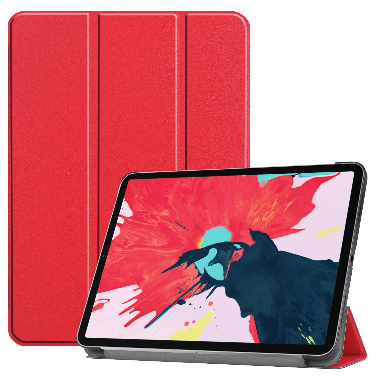 Rotes Tablethülle und Tablet. Das Tablet zeigt ein farbenfrohes Farbspritzer-Design. Das Gehäuse ist geschlossen.