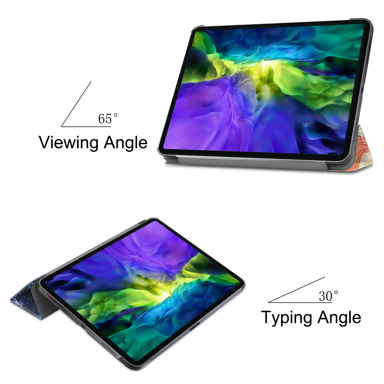 Tablethülle mit Design. Tablet wird in Betrachtungs- und Tippwinkeln angezeigt.