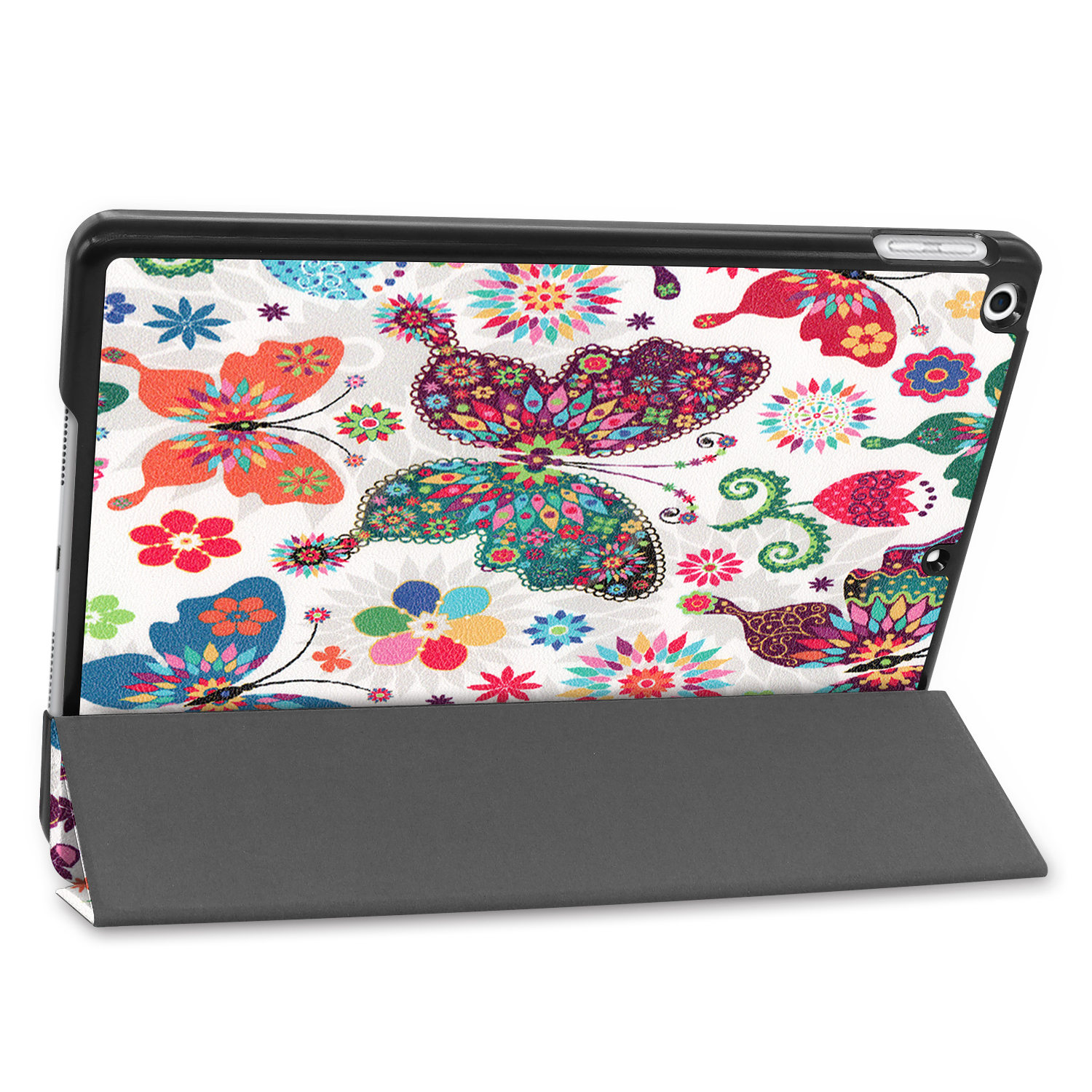 Tablet-Hülle mit einem bunten Schmetterlingsdesign. Die Hülle ist geöffnet und zeigt das Schmetterlingsmuster auf der Abdeckung.