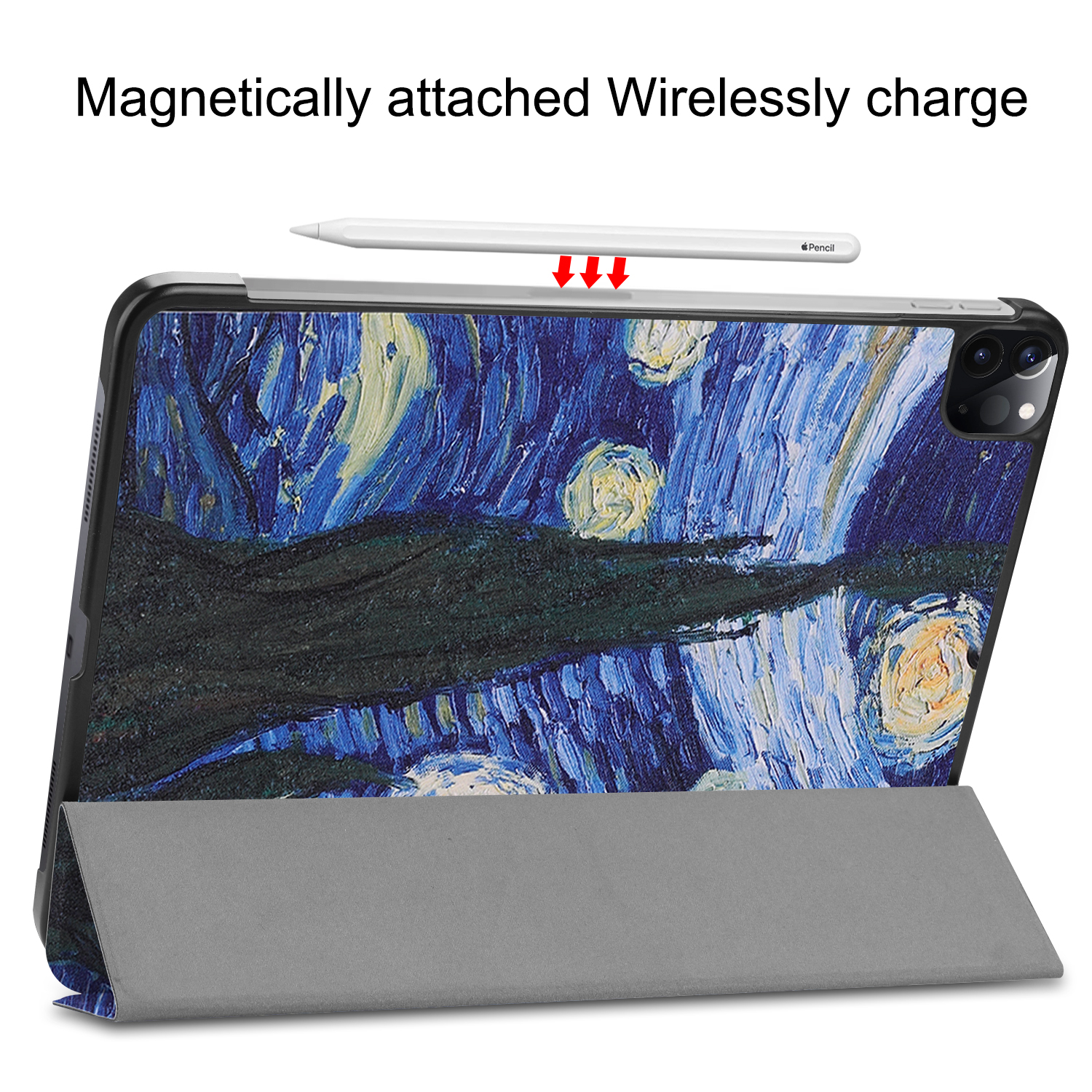 Tablet mit Kunst-Hülle, weißer Stift oben. Blaues Sternennacht-Gemälde auf der Rückseite.