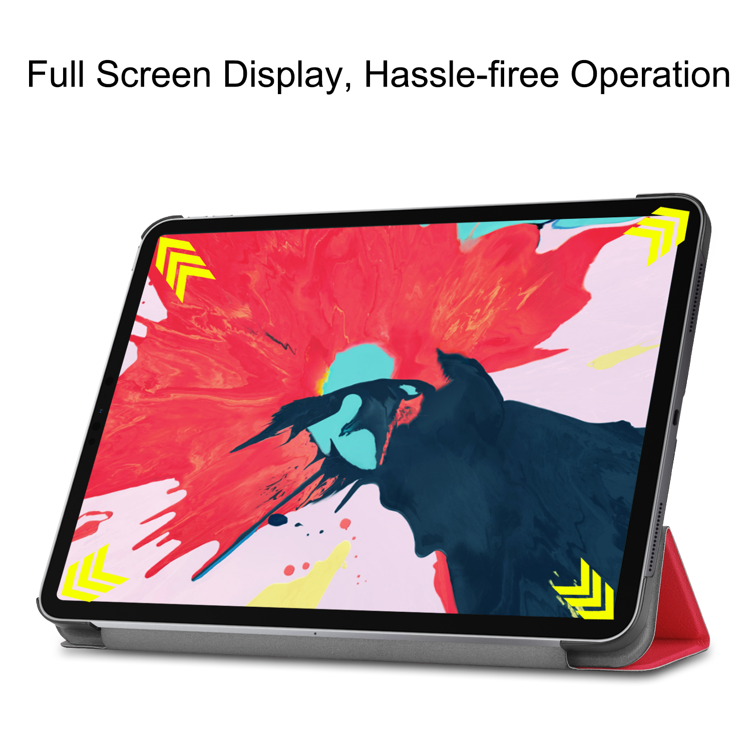 Tablet mit rotem und schwarzem abstrakten Kunstdruck auf dem Bildschirm, in einem roten Ständer.