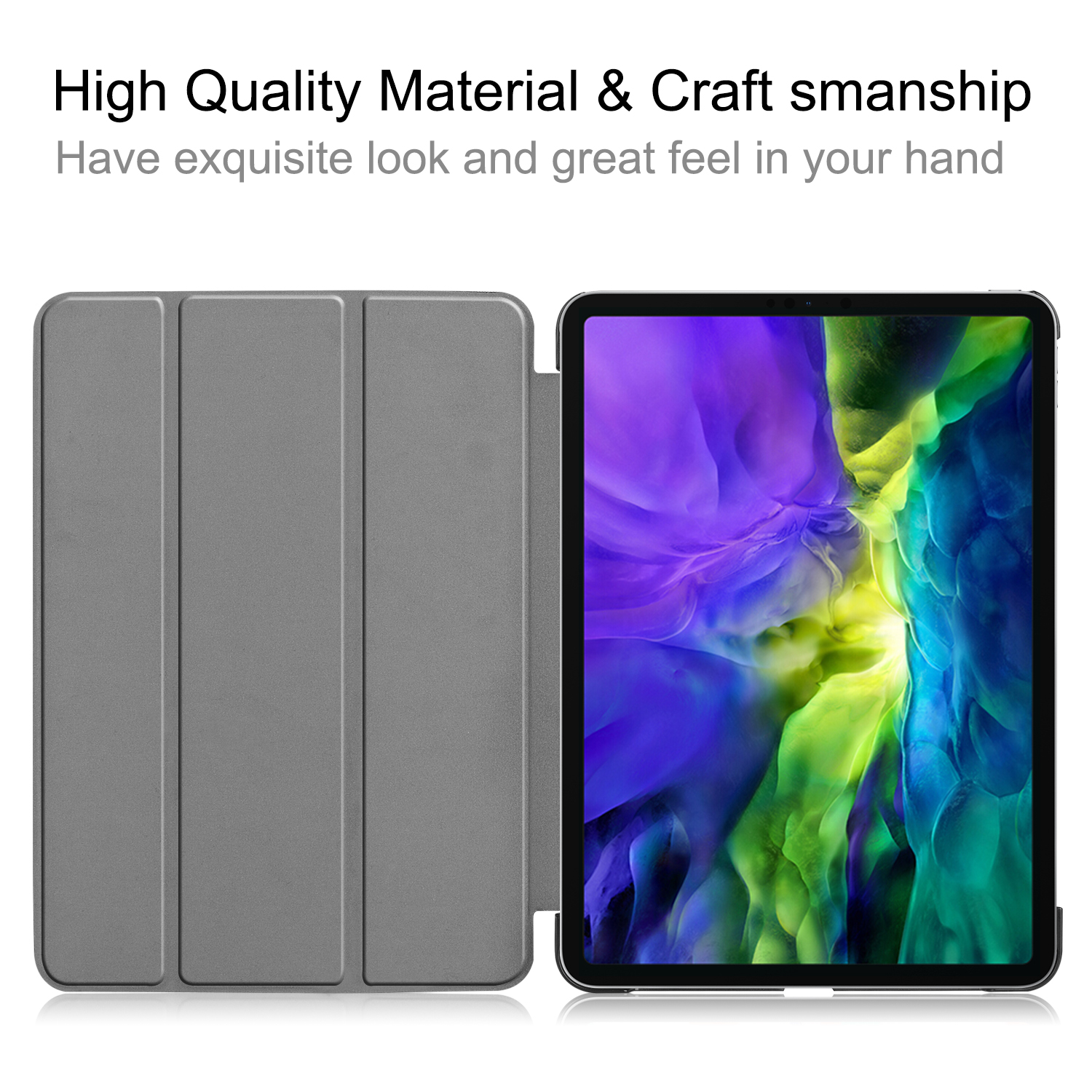 Tablethülle, offen, mit Tablet. Die Hülle ist grau, das Tablet hat einen hellblauen Bildschirm.