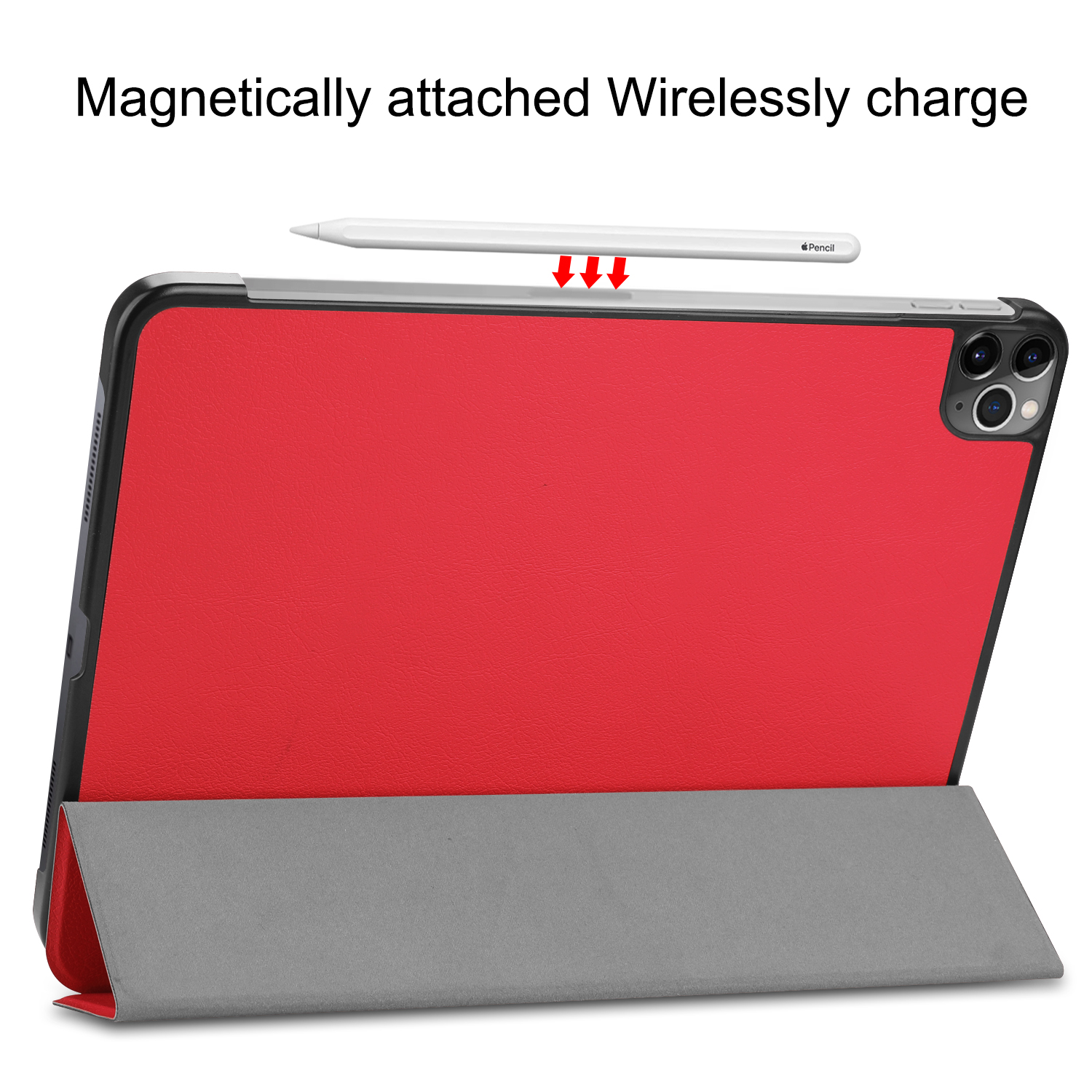 Eine Tablethülle ist rot mit einer grauen Abdeckung. Ein weißer Stift wird oben platziert. Text: magnetisch befestigt.