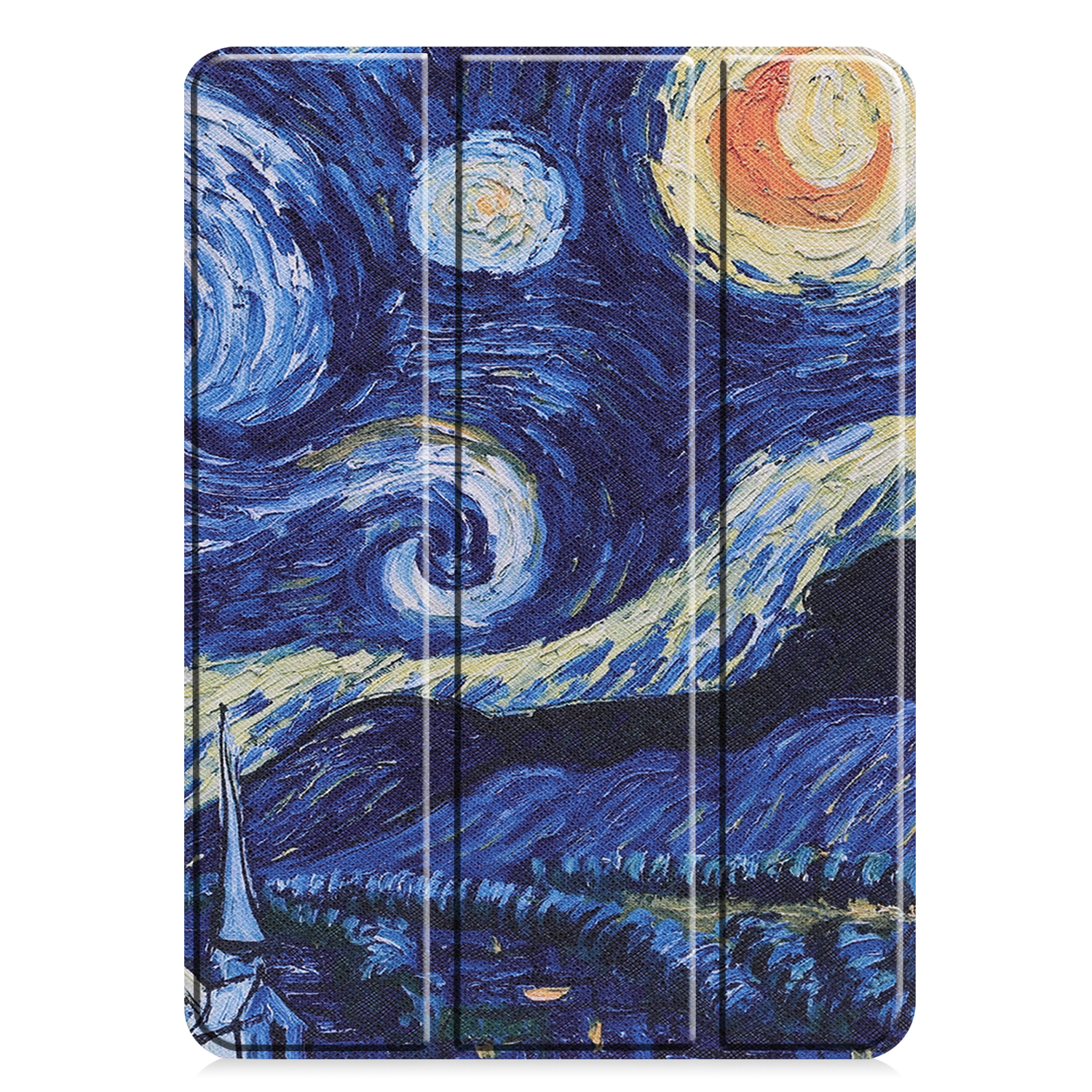 Tablethülle mit Van Goghs Sternennacht-Gemälde. Der Deckel ist geschlossen.