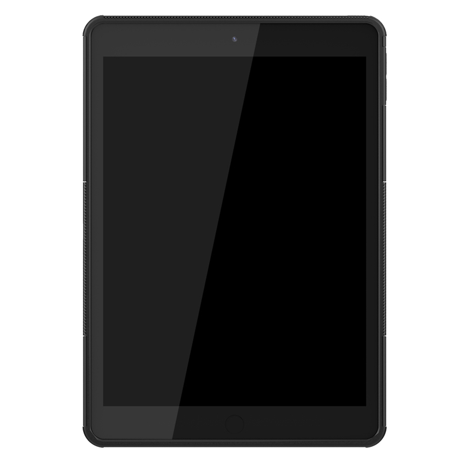 Schwarzes Tablet in einer schwarzen Hülle, mit schwarzem Bildschirm. Weißer Hintergrund.
