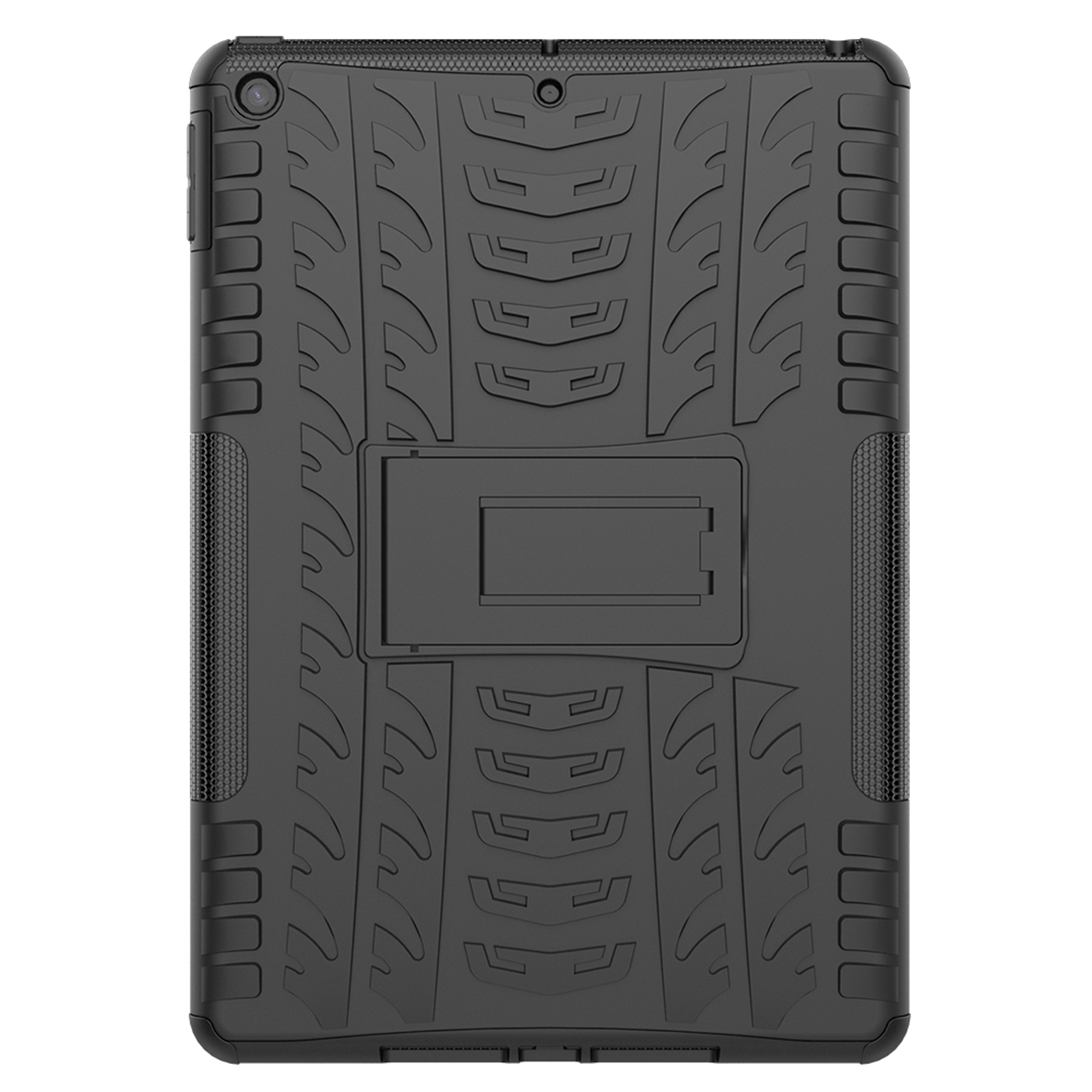 Schwarze Tablet-Hülle, robustes Design, mit einem Ständer.