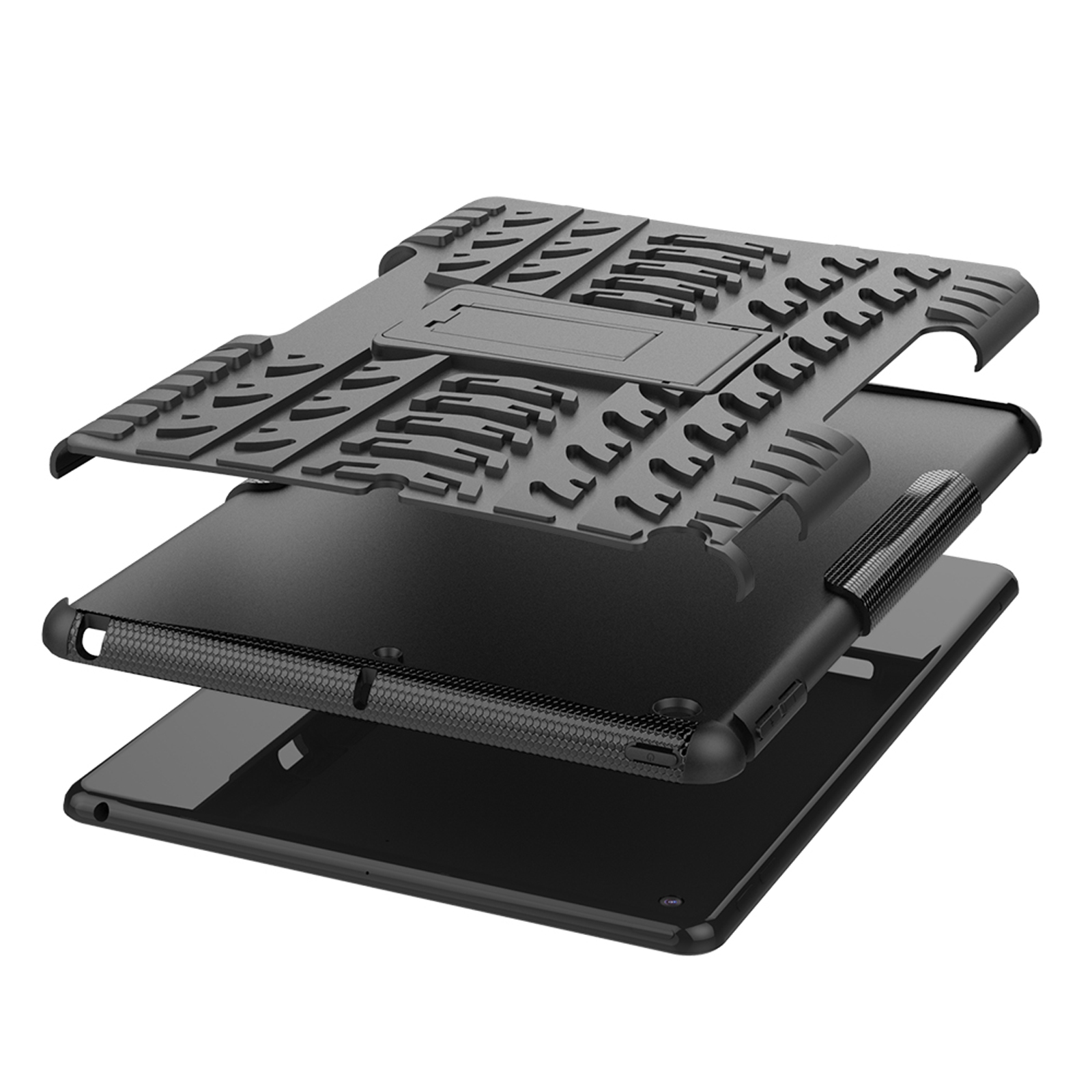 Schwarze Tablet-Hülle in Schichten. Ein Ständer und ein Tablet befinden sich im Inneren.