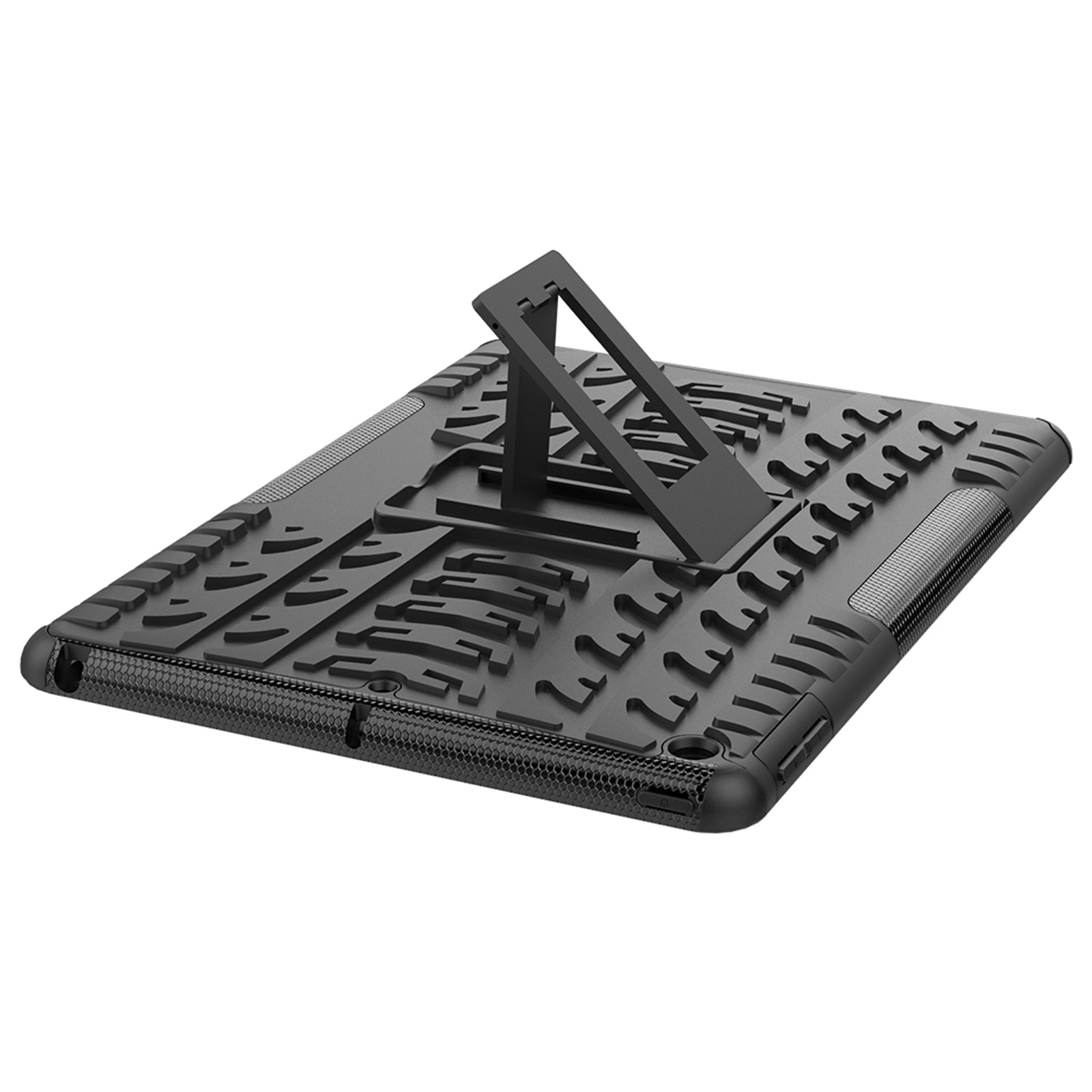 Eine schwarze Tablet-Hülle mit strukturierter Oberfläche. Die Hülle hat einen integrierten Ständer und ein Rastermuster.