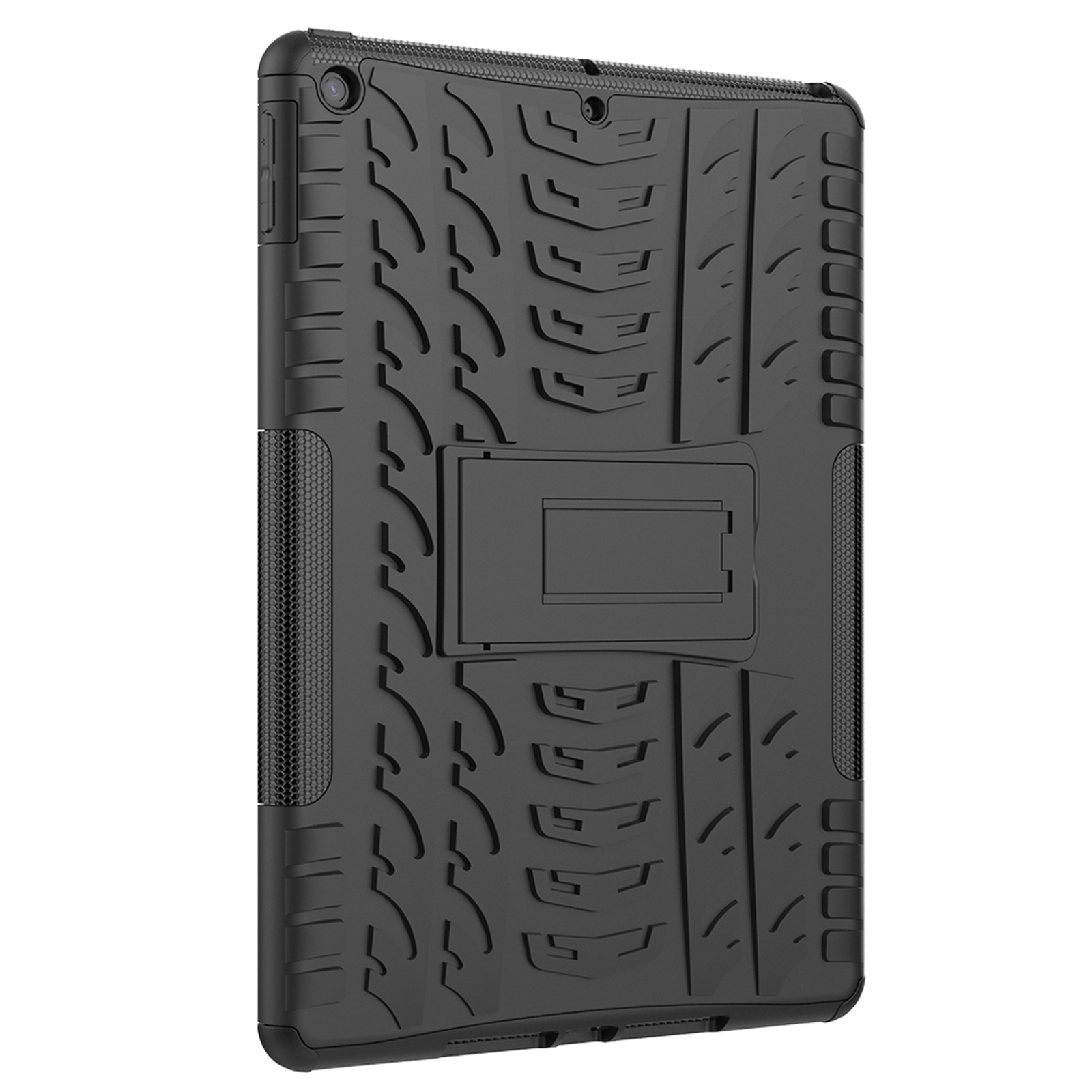 Schwarze Tablethülle. Sie hat eine gemusterte Rückseite und einen Ständer. Die Hülle ist robust.