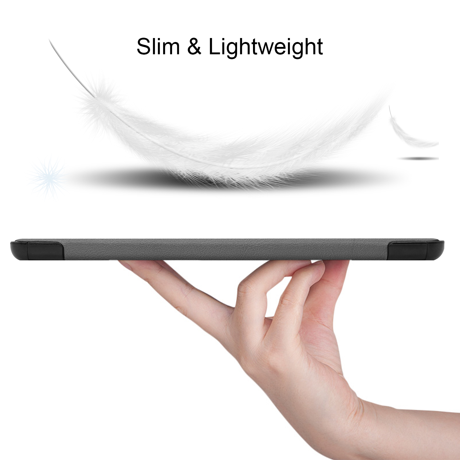 Hand hält eine Tablet-Hülle, weiße Feder im Hintergrund. Text: Schlank & leicht.