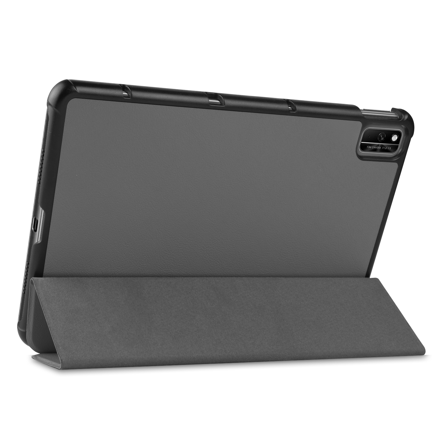 Eine graue Tablet-Hülle. Die Hülle ist aufgeklappt.