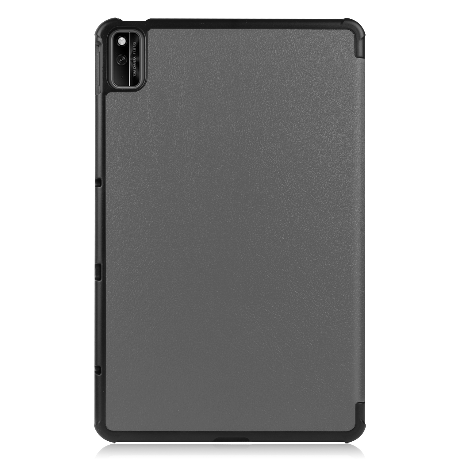 Graue Tablet-Hülle, Rückansicht. Die Hülle ist schlicht mit schwarzem Rand und Kameradetail.