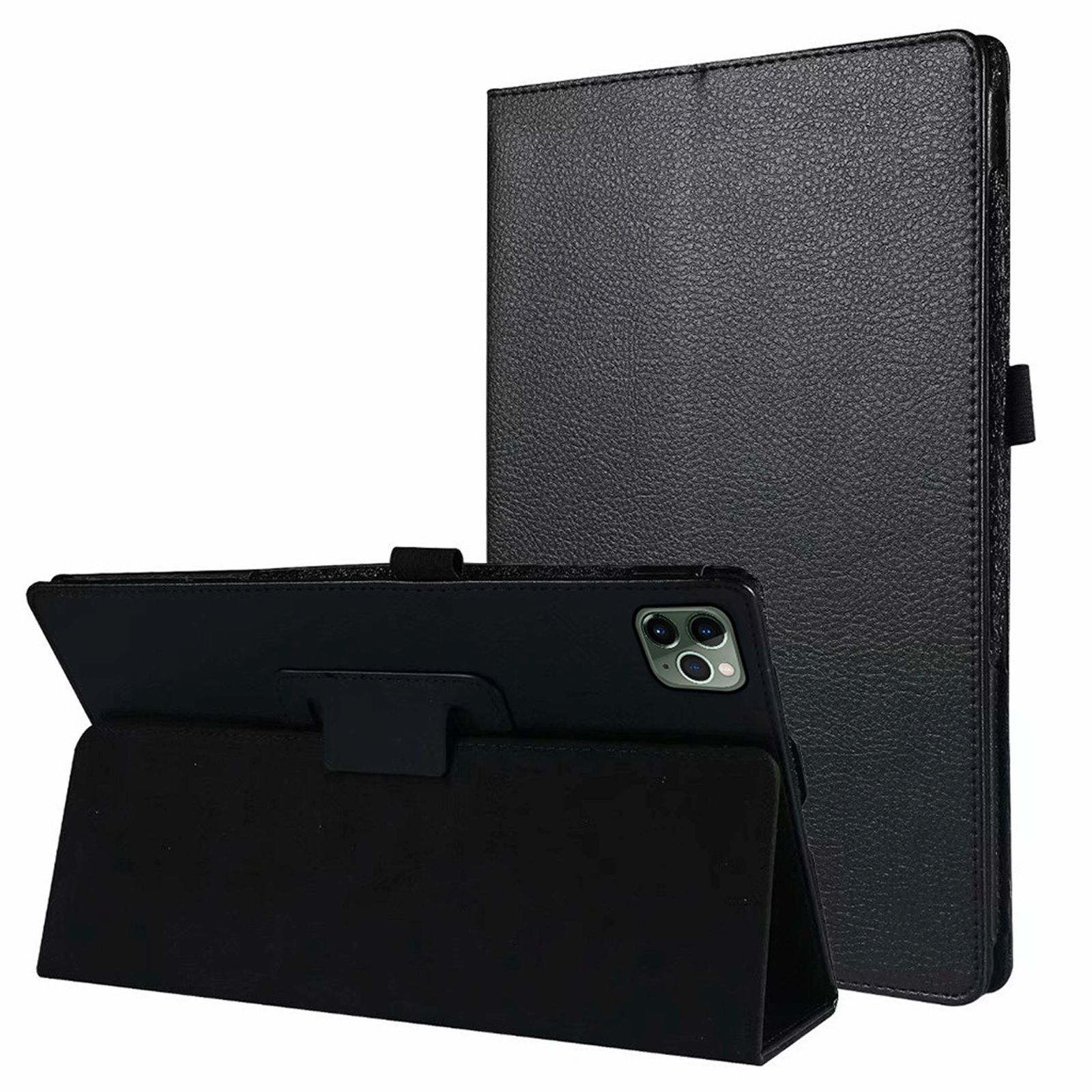 Eine schwarze Tablethülle mit Ständerfunktion. Die Hülle ist aus Leder und hat einen Magnetverschluss.