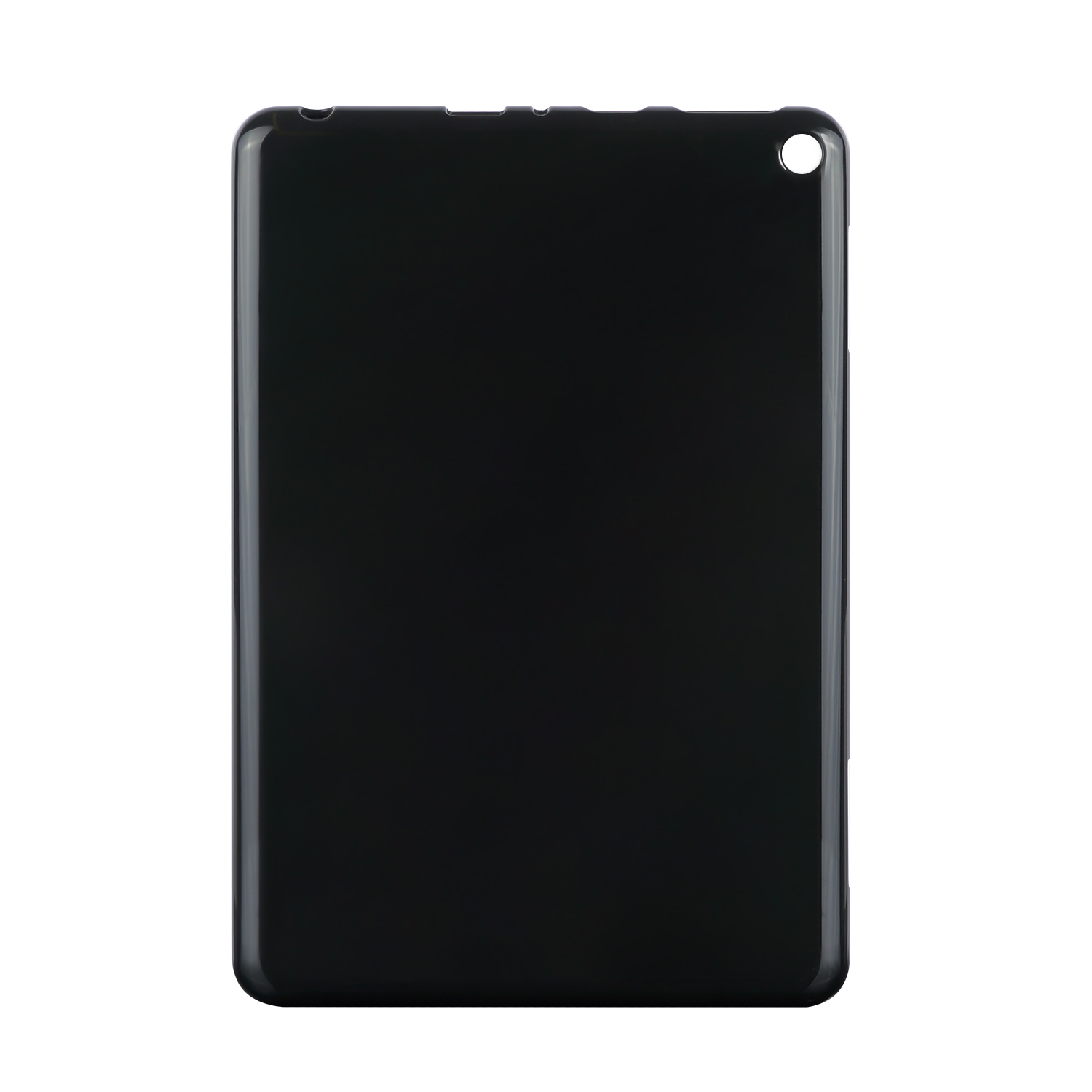 Schwarze Tablethülle mit glänzendem Finish. Sie ist einfach und elegant, mit rechteckiger Form.