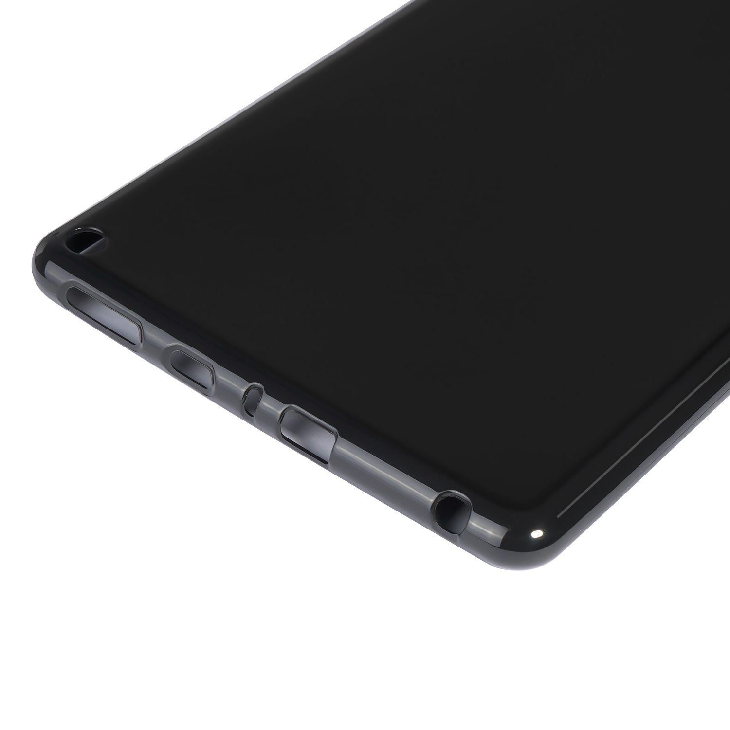 Schwarze Tablet-Hülle. Die Hülle ist glänzend schwarz. Zeigt die Unterseite mit Löchern für Anschlüsse.