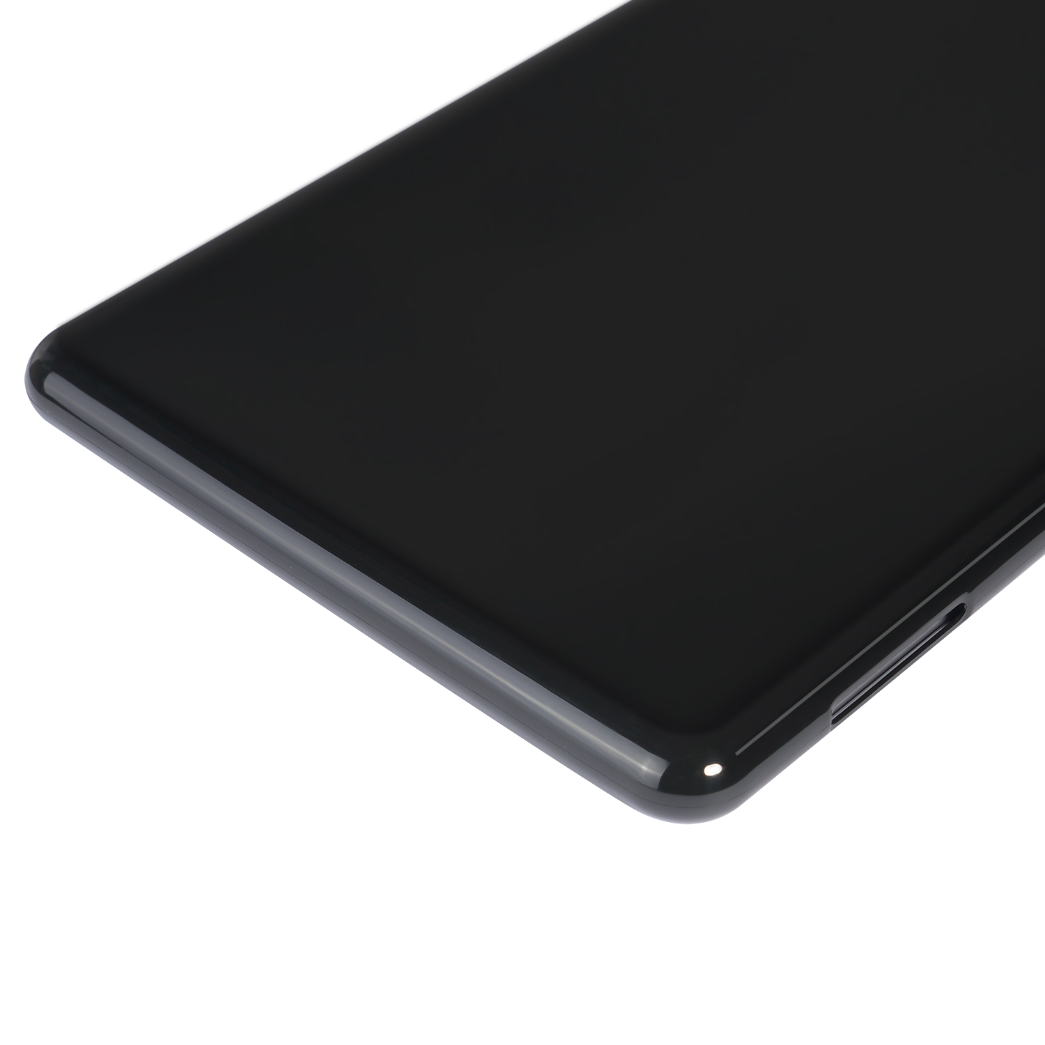 Nahaufnahme eines schwarzen Telefon- oder Tablet-Bildschirms. Der Bildschirm glänzt und reflektiert Licht.