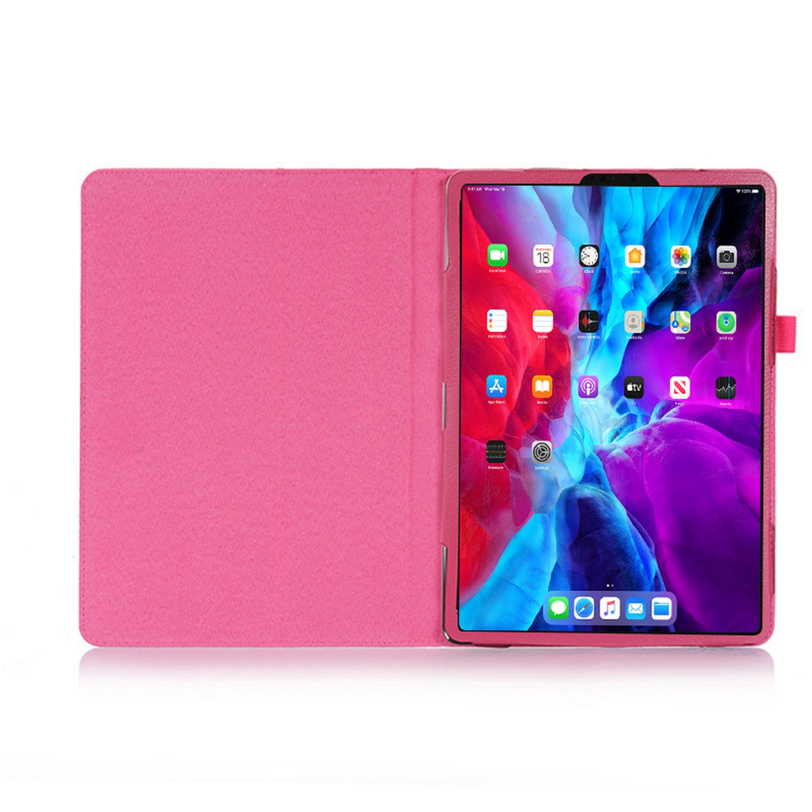 Geöffnete, pinke Tablet-Hülle, Tablet mit App-Bildschirmansicht zeigend.
