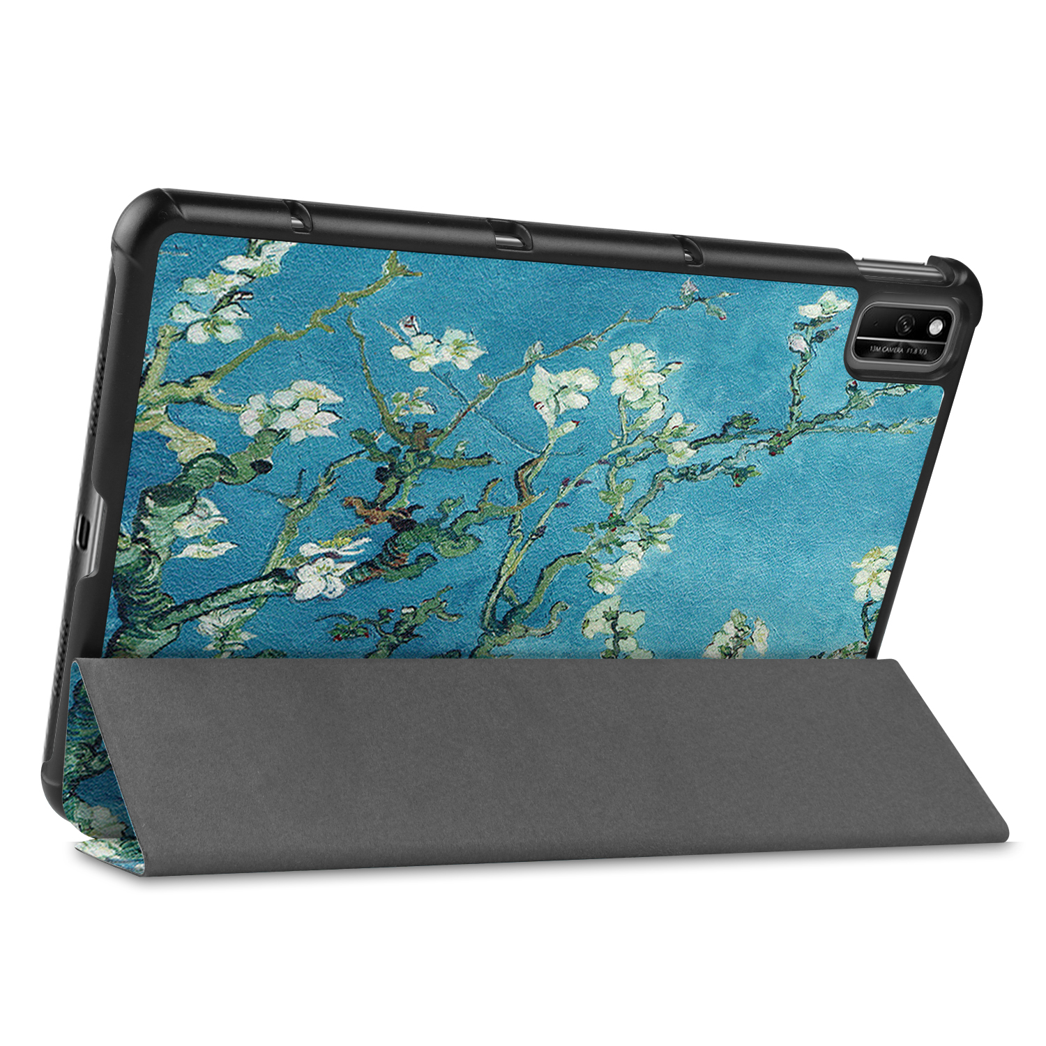 Tablethülle mit Blumendesign auf blauem Hintergrund, im Stil von Van Goghs 'Mandelblüte'.