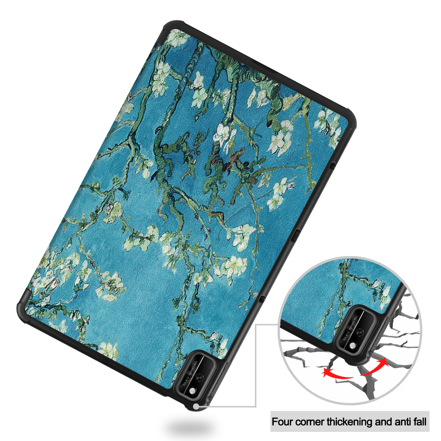 Tablethülle mit Van Goghs Mandelblüten-Design. Die Hülle wird aus einem Winkel und im Eckendetail gezeigt.