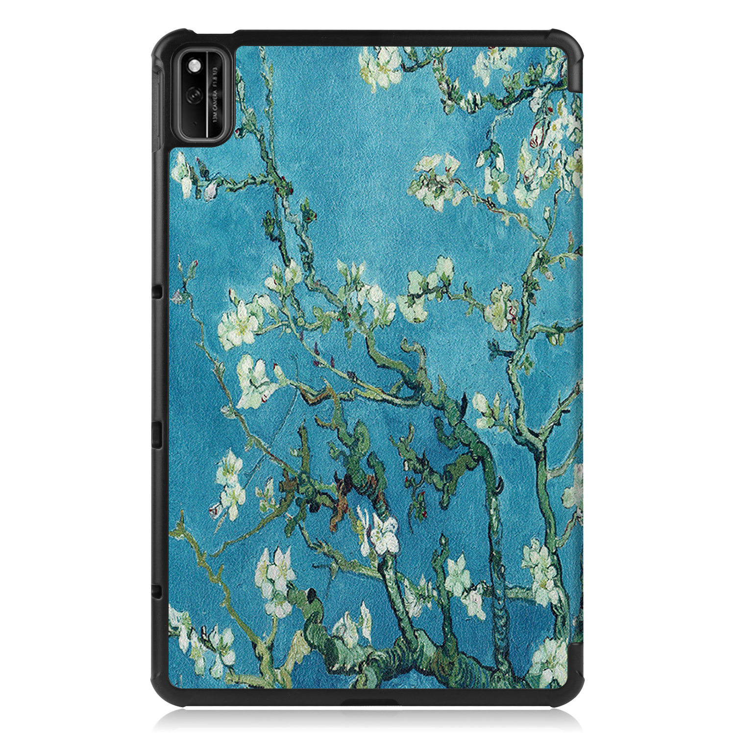 Tablethülle mit einem Van-Gogh-Gemälde von Mandelblüten. Das Tablet hat einen schwarzen Rahmen.