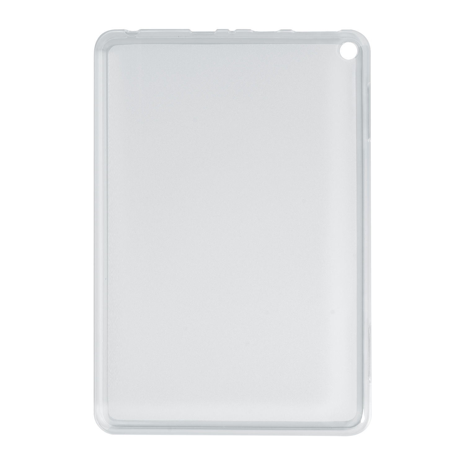 Klare Tablethülle, leer und transparent, mit einem kleinen Kamera Loch.