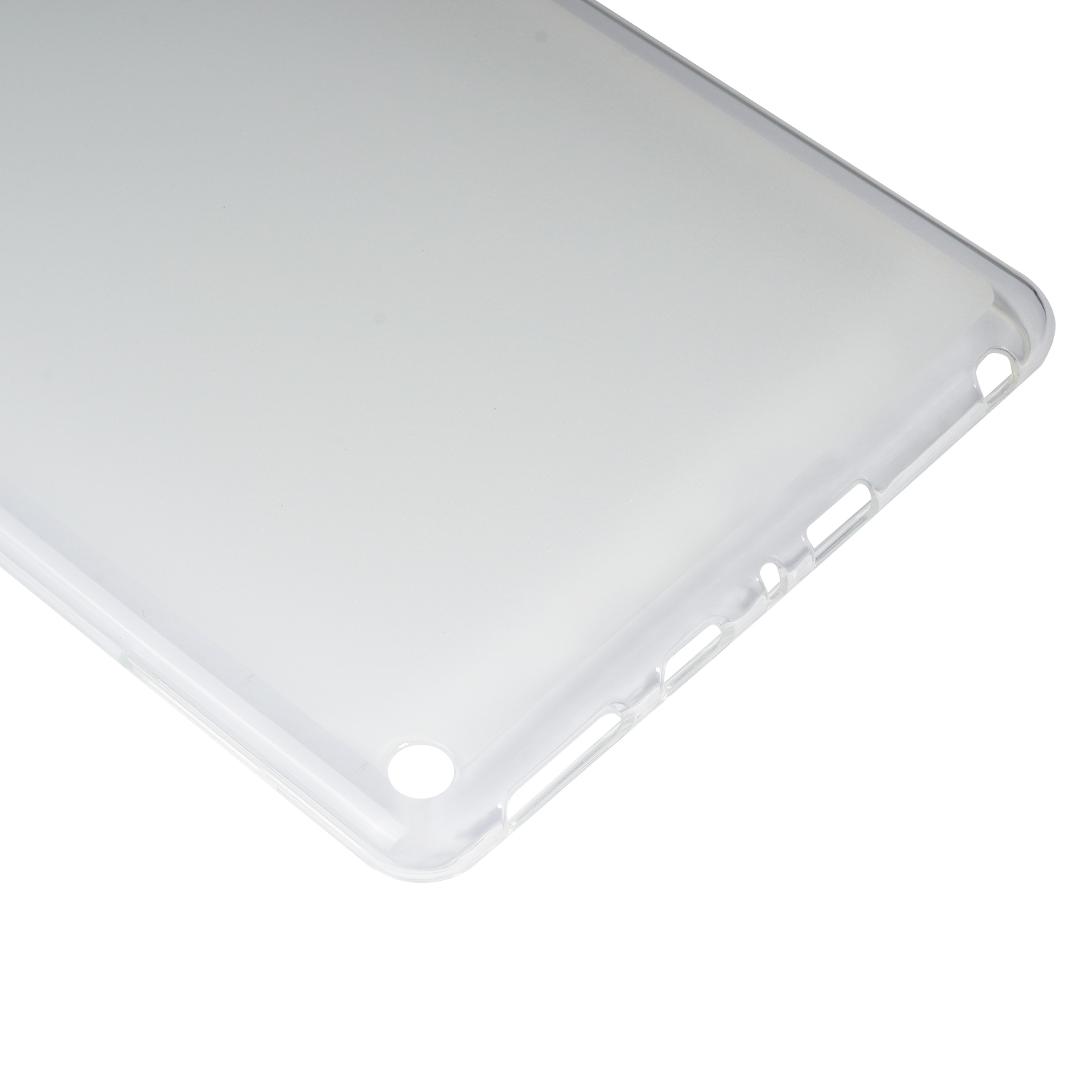 Eine klare, transparente Tablethülle. Die Hülle besteht aus Kunststoff und hat abgerundete Ecken.