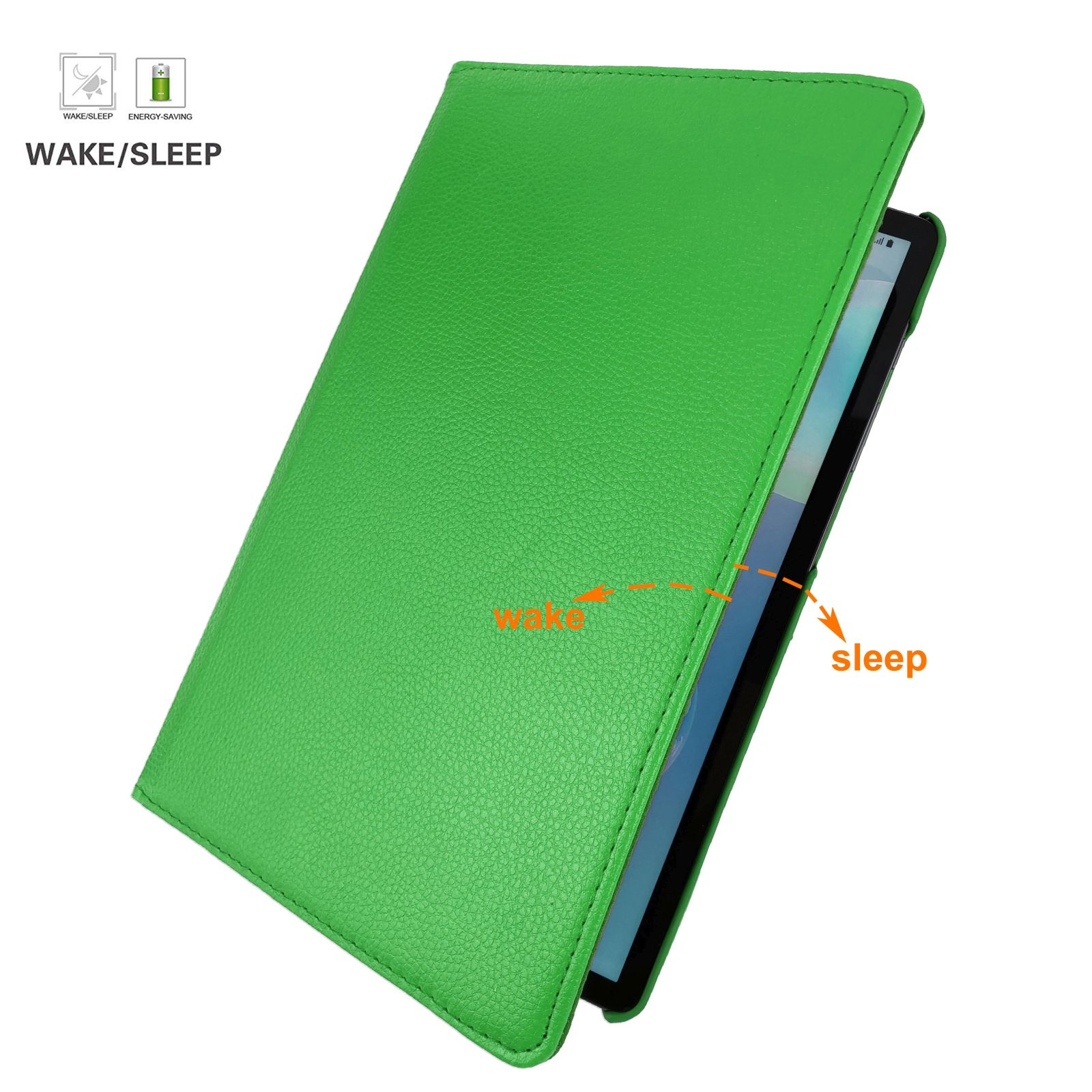 Grüne Tablethülle offen, Tablet-Bildschirm, mit Wake/Sleep-Anzeige.