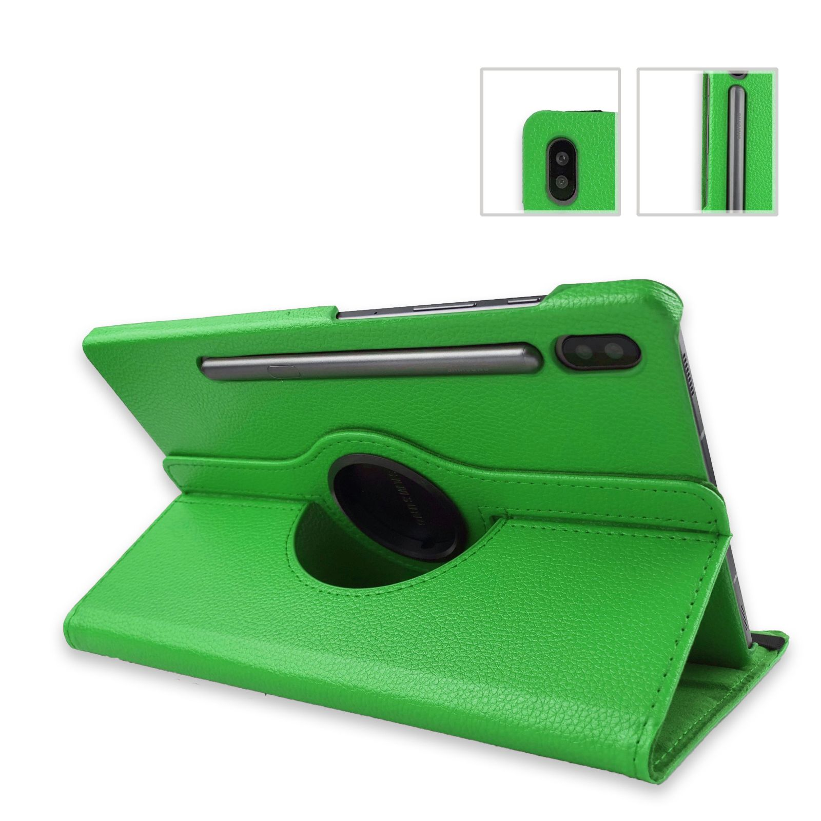 Grüne Tablethülle mit Ständer. Das Tablet ist grün und hat einen Stifthalter.