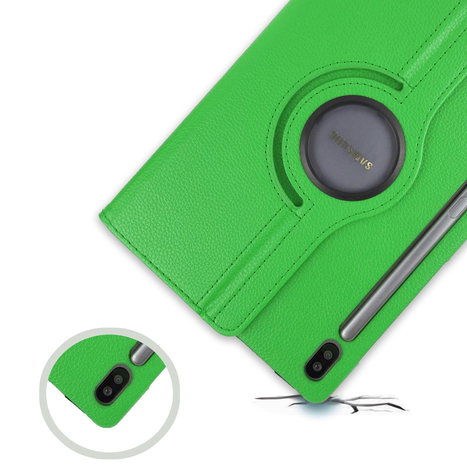 Grüne Tablethülle mit einem kreisförmigen Ausschnitt für den Stift und einem Stift. Darunter ein Riss.