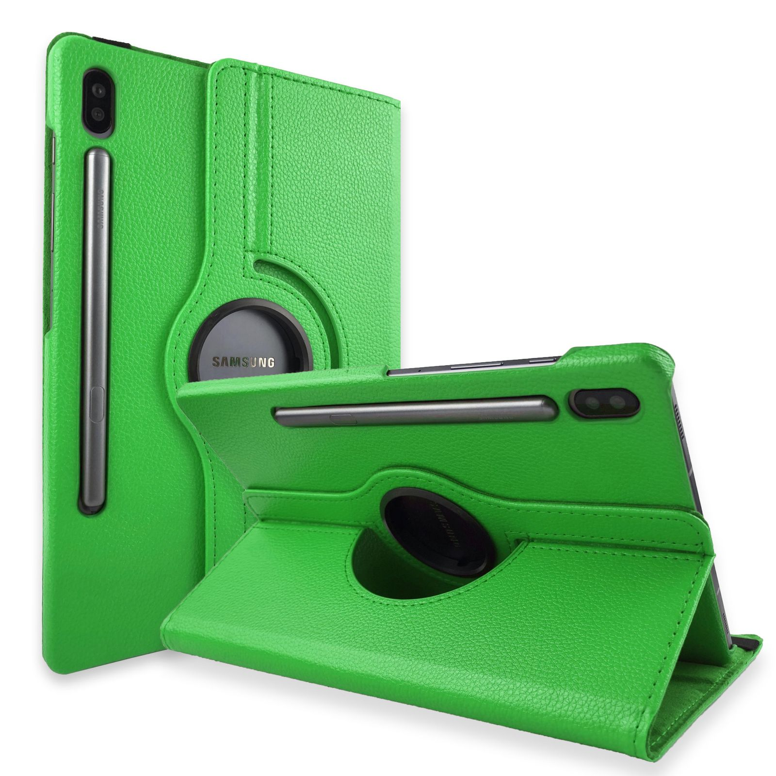 Grüne Leder-Tablethülle mit Stiftschacht. Die Hülle ist offen, das Tablet ist sichtbar. Der Stift ist grau.